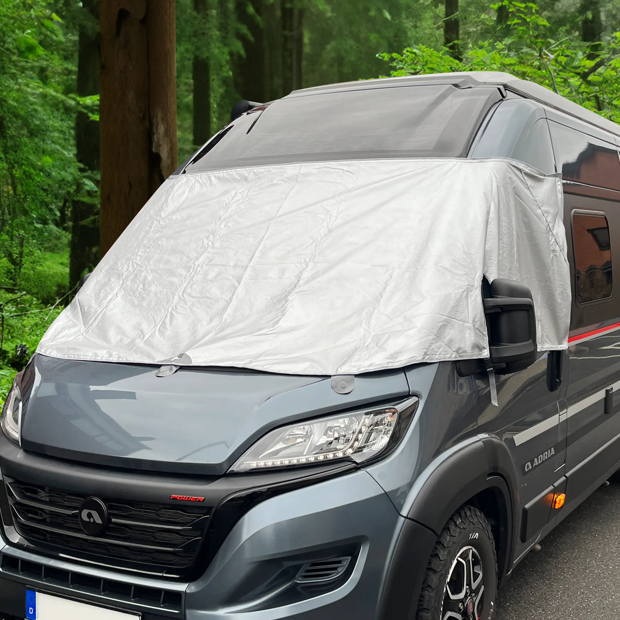 Sonnenschutzmatte your GEAR Brindisi auf Front- und Seitenscheiben eines Wohnmobils; silber-reflektierendes, blickdichtes Thermomaterial; passend für Fiat Ducato, Citroën Jumper, Peugeot Boxer.