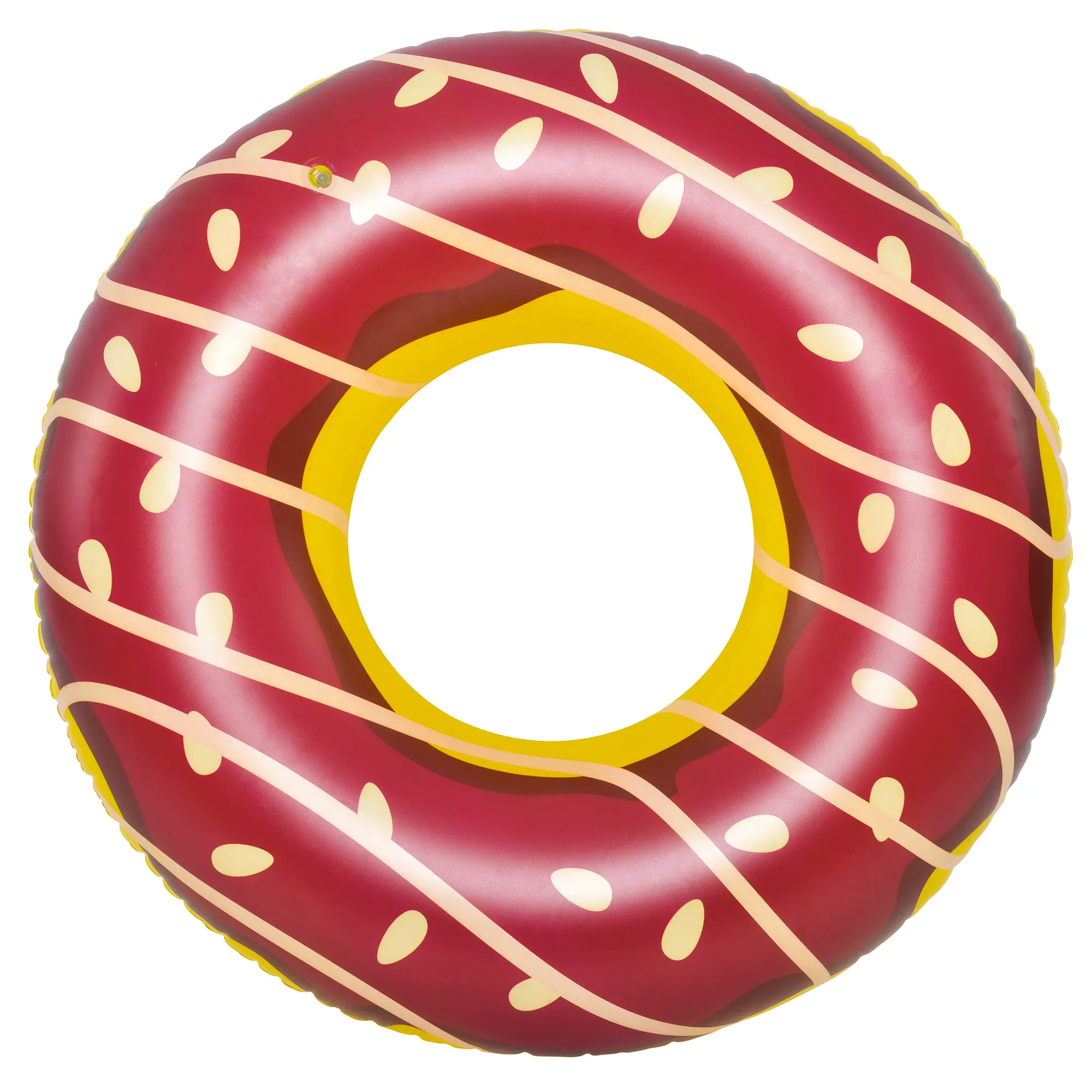 XL inflatable swim ring by Jilong, donut design with brown “icing” and yellow “sprinkles,” round shape, approx. 110 cm diameter, made of vinyl, ideal pool float for adults and kids.