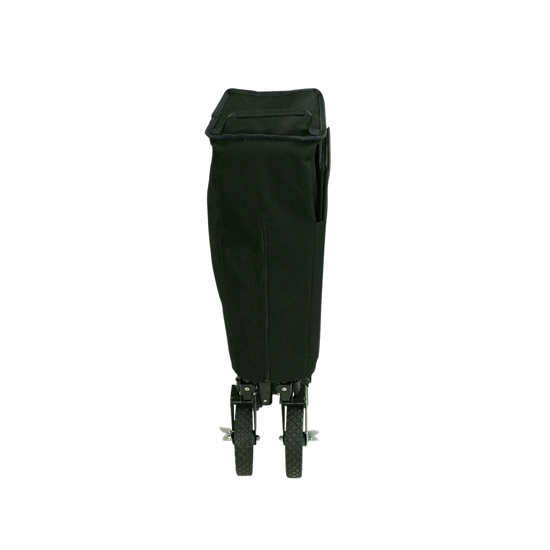 Carro plegable 10T Foldy Trolley XL negro, visto de frente en posición plegada, con ruedas robustas y bolsa de transporte; ideal para playa, parque o excursiones familiares.