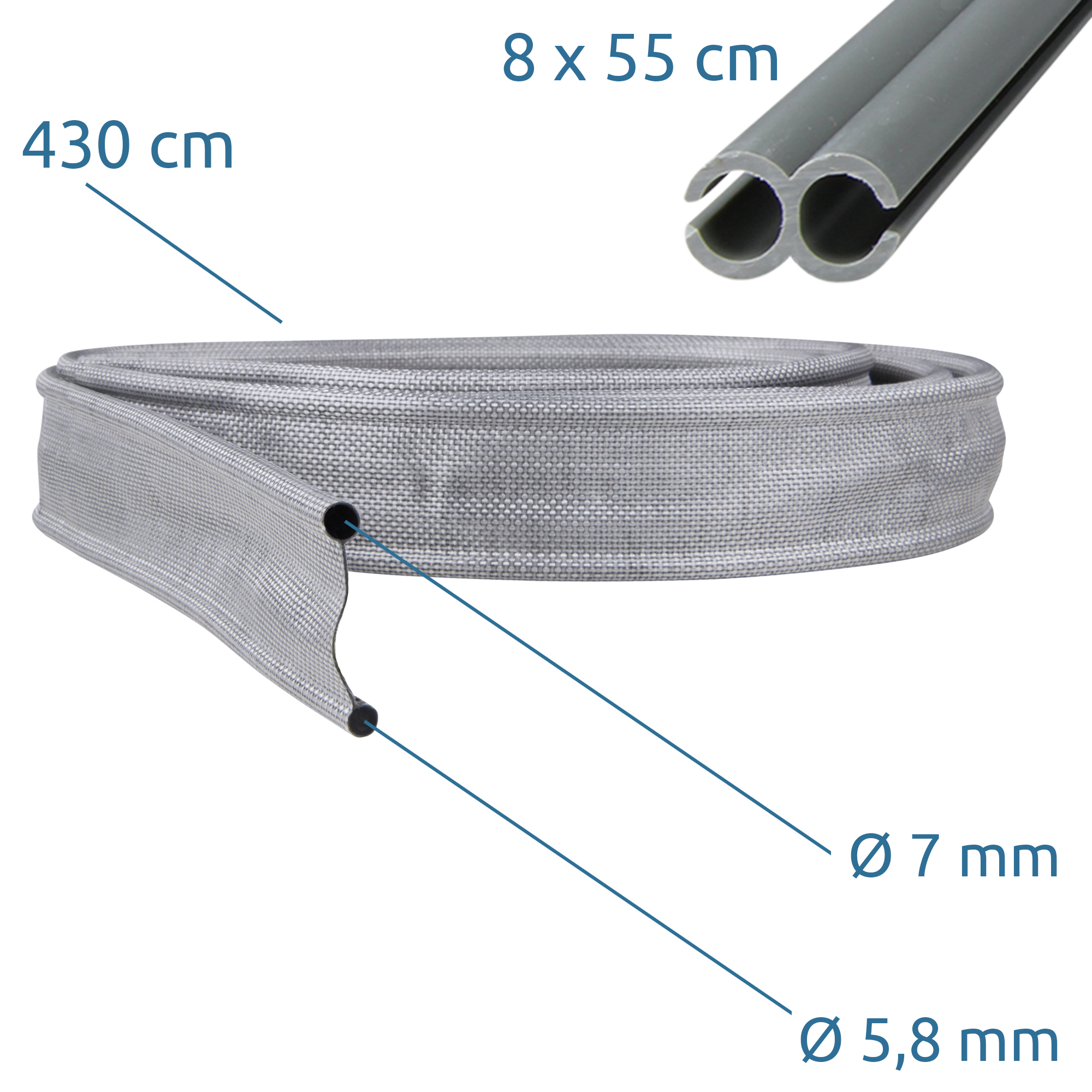 Kit your GEAR Keder Drive Away de 430 cm, adaptateur Keder 7 mm à 5,8 mm, avec 8 sections de 55 cm, couleur grise, pour fixer auvent ou tente à une marquise de véhicule, accessoires caravaning.