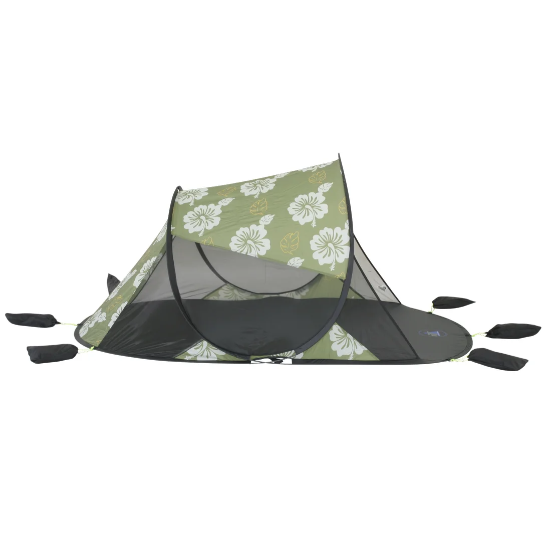 Grüne 10T Pop Up Strandmuschel Flower mit weißen Blumen, UV 50+ Schutz, schwarzer Bodenplane, Sandtaschen und Netzfenster, geeignet für 2 Personen, ideal als Sonnenschutz am Strand oder beim Camping.