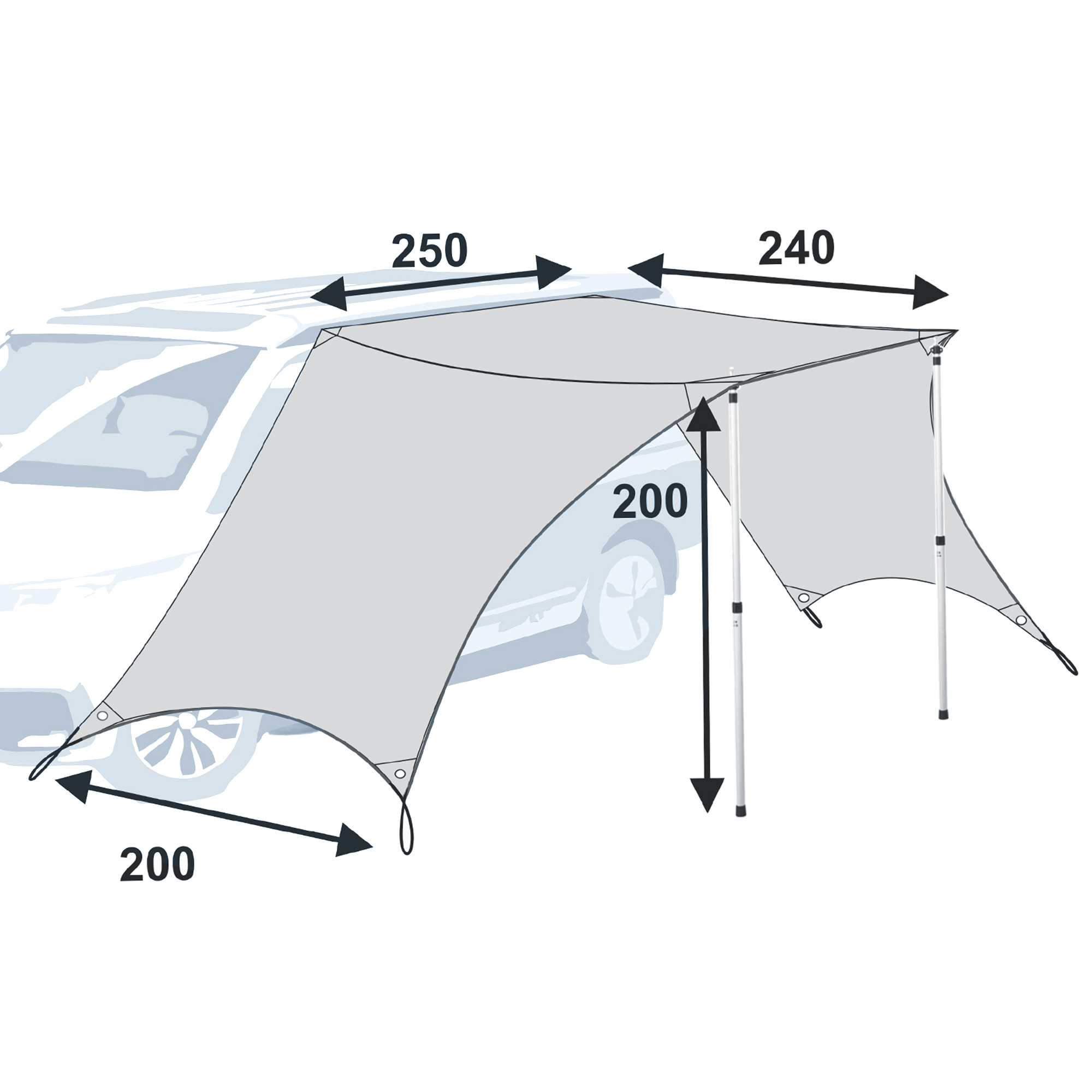 your GEAR Tropea Bus awning UV 50+ in cool gray, with 2 side walls, aluminum poles, and labeled dimensions: 250 cm width, 240 cm depth, 200 cm side wall height, fits vans and motorhomes.