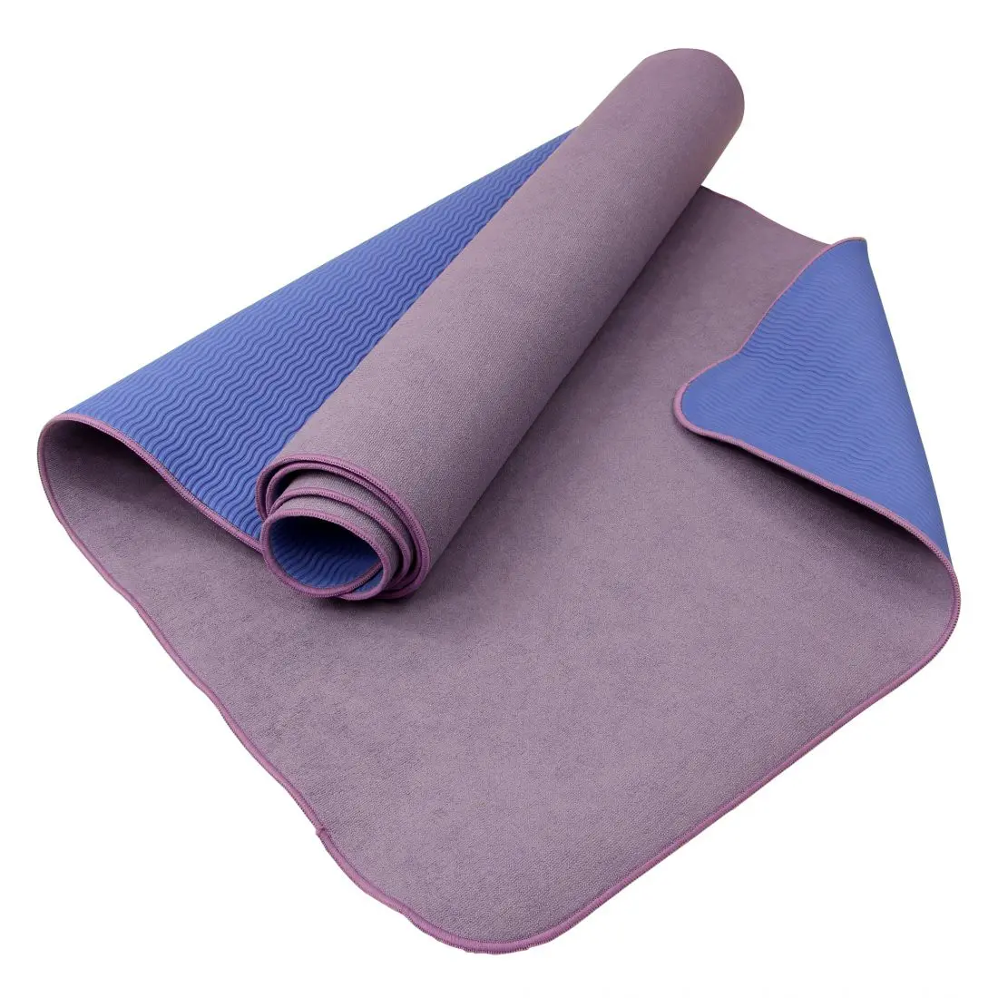 Esterilla de yoga Carnegie de 175x60 cm, superficie de microfibra antideslizante en color lila y reverso azul con textura ondulada, ideal para yoga, pilates y fitness. Material resistente y acabado suave.