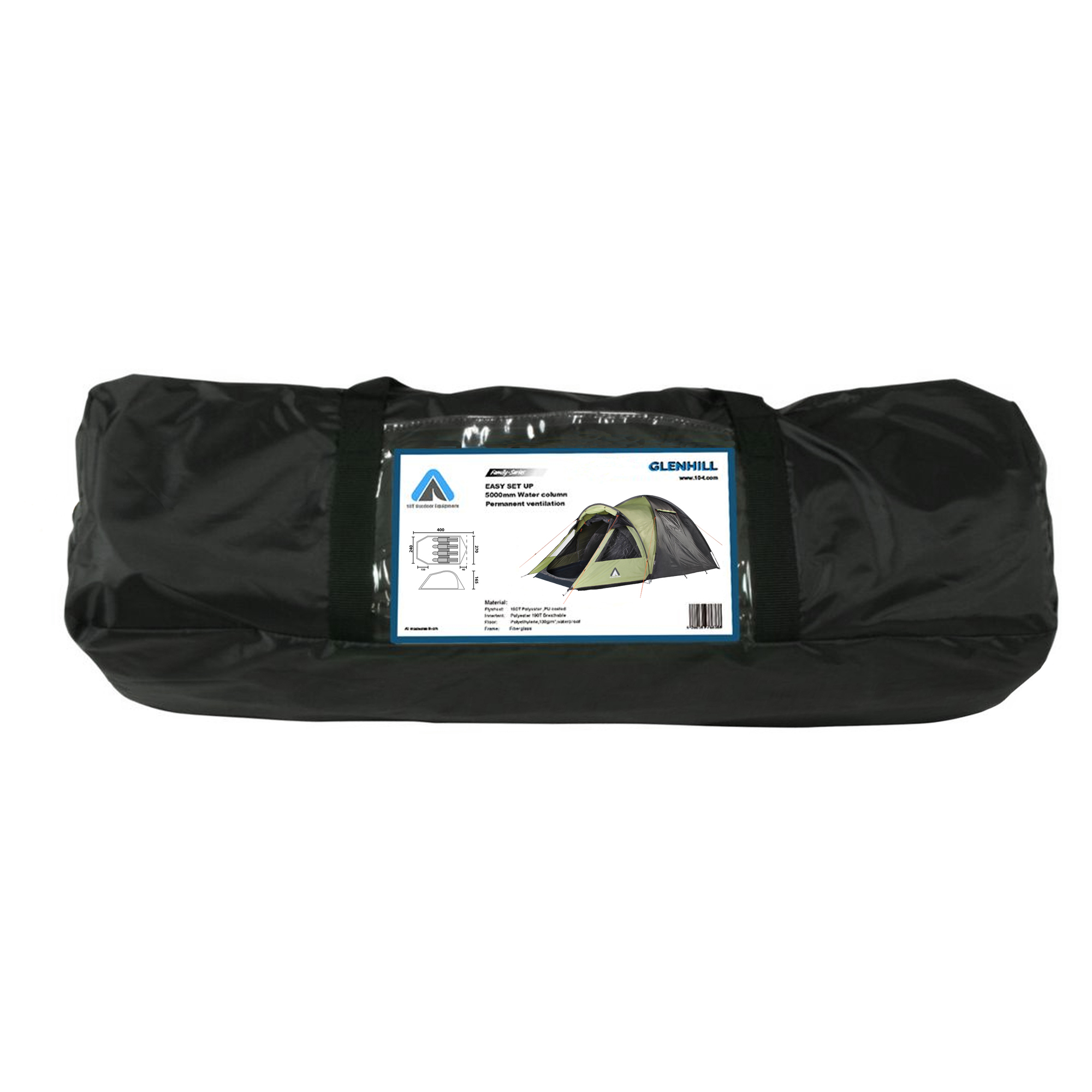 10T Glenhill Beechnut 4 Mann Kuppelzelt in schwarzer Transporttasche; Produktlabel zeigt Zeltabbildung, Maße und Infos zu Wassersäule 5000mm, Schlafbereich XXL, Belüftung und Insektenschutz.