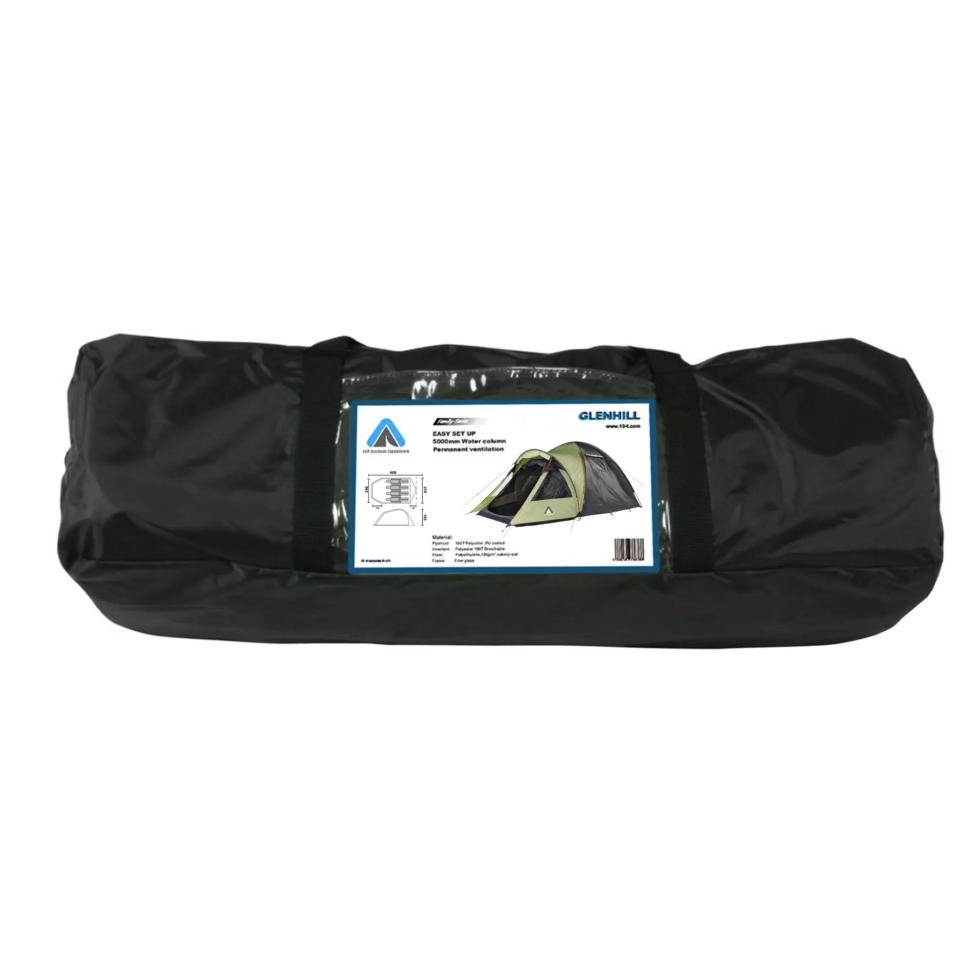 10T Glenhill Beechnut 4 Mann Kuppelzelt in schwarzer Transporttasche; Produktlabel zeigt Zeltabbildung, Maße und Infos zu Wassersäule 5000mm, Schlafbereich XXL, Belüftung und Insektenschutz.