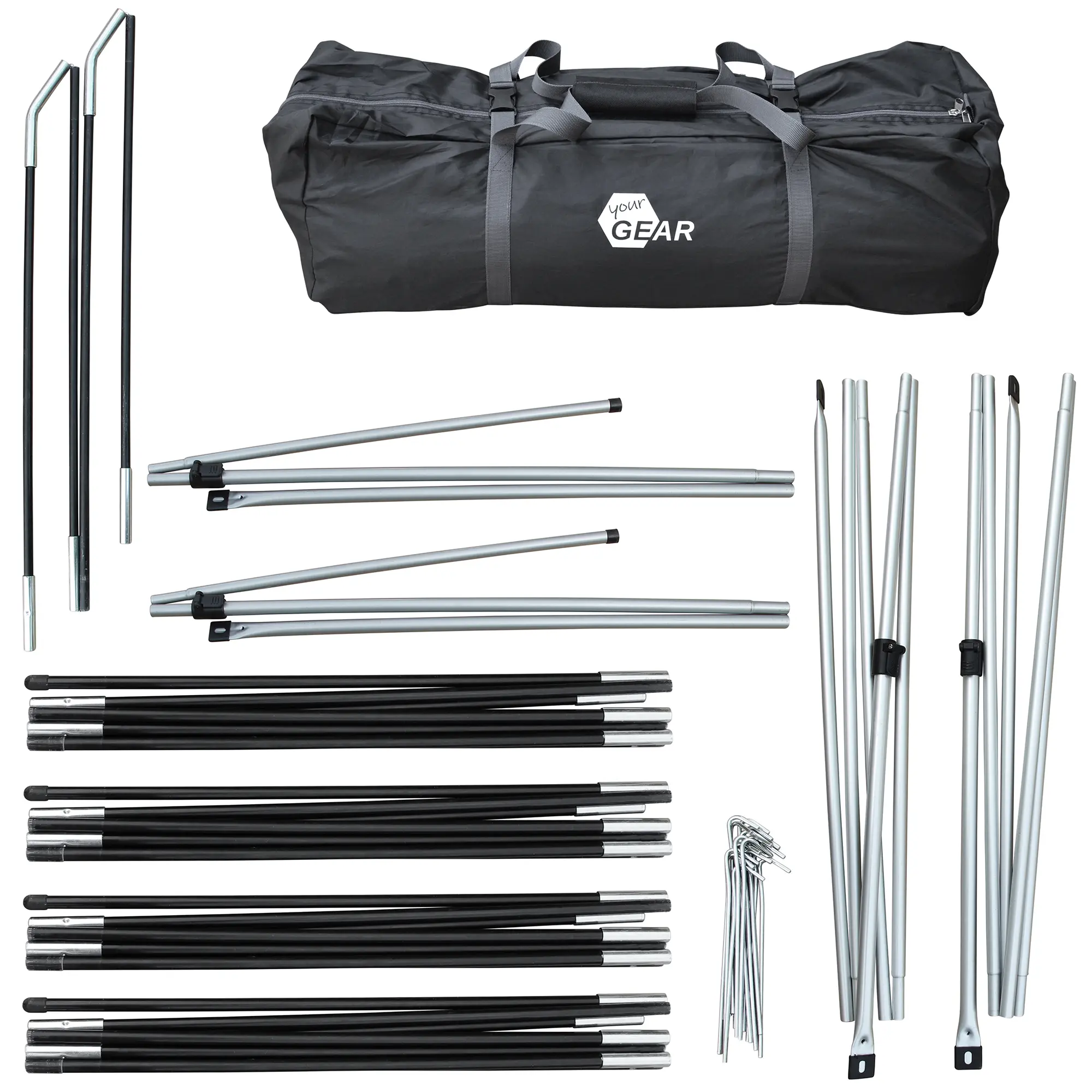 Kit de montage du auvent yourGEAR Verona 390 pour caravane, comprenant des arceaux en aluminium, des piquets et un grand sac de transport noir avec logo yourGEAR, disposés sur fond blanc.