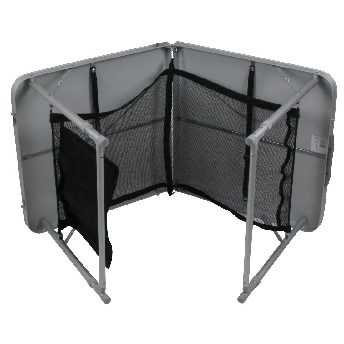 Table pliante de camping 10T Portable Family en aluminium pour 4 personnes, vue de dessous avec structure en métal, filets de rangement noirs intégrés et pieds repliables, idéale pour pique-nique ou camping.