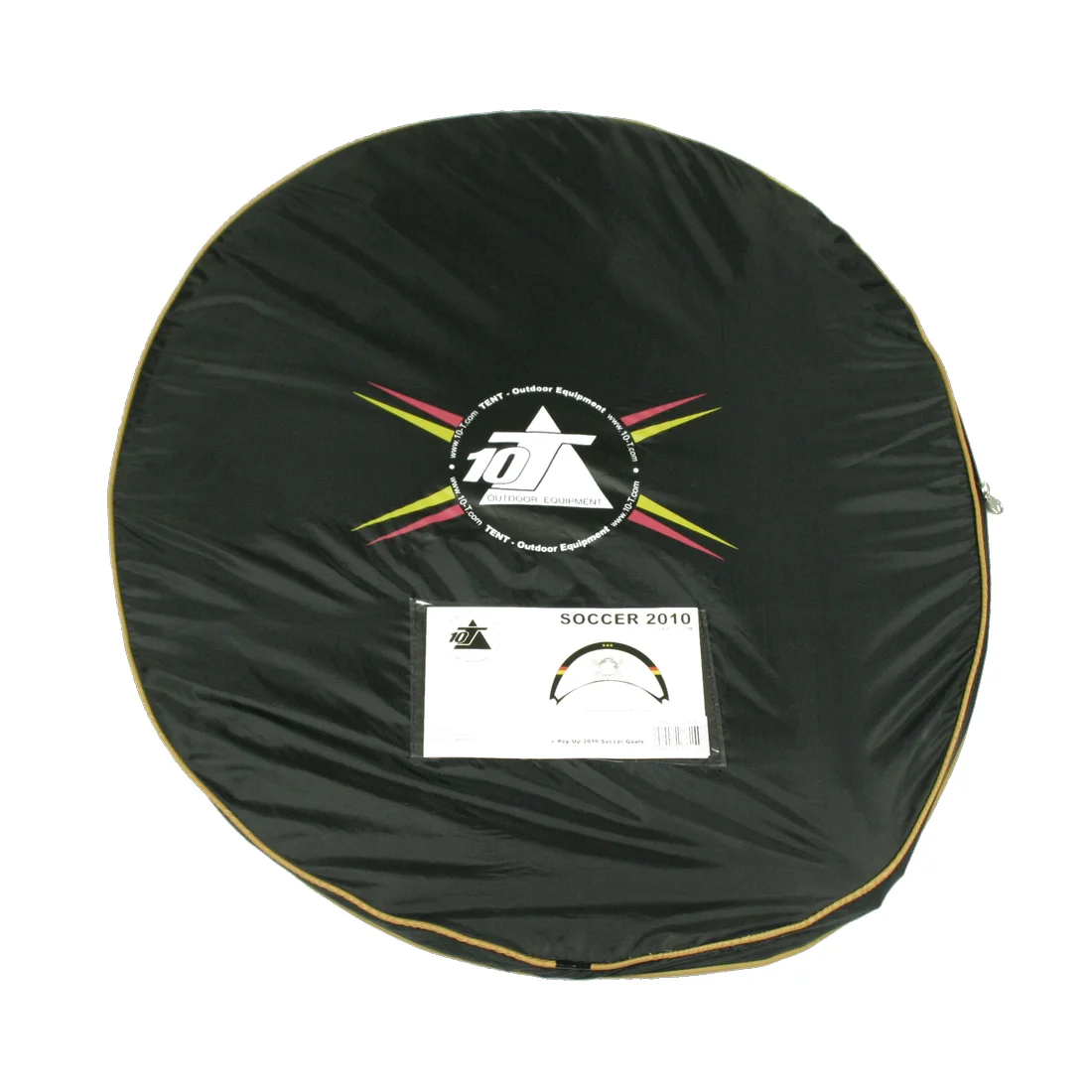 Sac de transport noir pour but de football pop-up 10T Soccer Goal, décoré de bandes aux couleurs de l'Allemagne, logo 10T Outdoor Equipment au centre, étiquette "Soccer 2010" visible sur le devant.