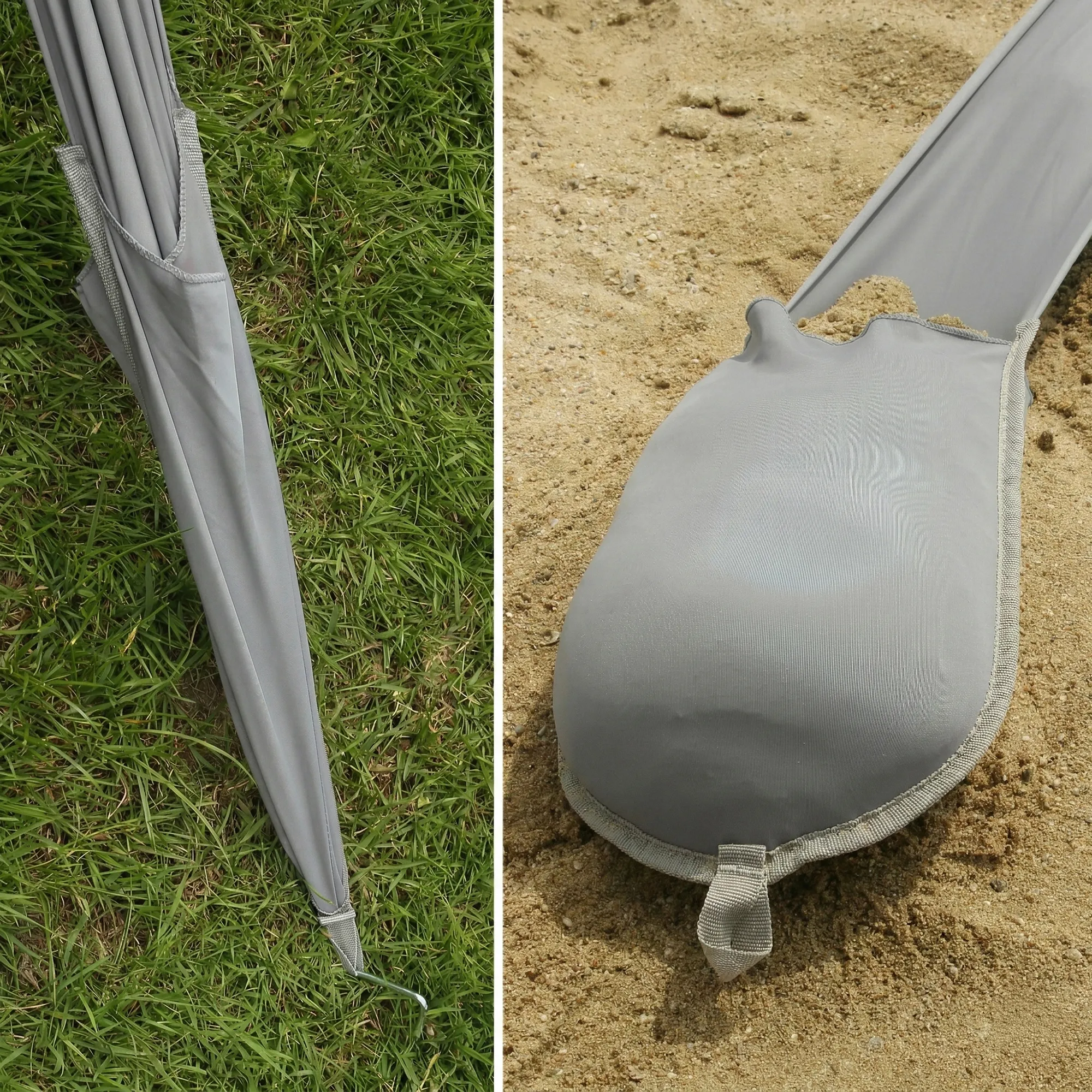 Cameo 3x3 m : housse grise en Lycra pour mât de tente de plage, sac de lestage intégré rempli de sable, coutures renforcées et boucle de transport visible sur herbe et sable, protection solaire UV50+.
