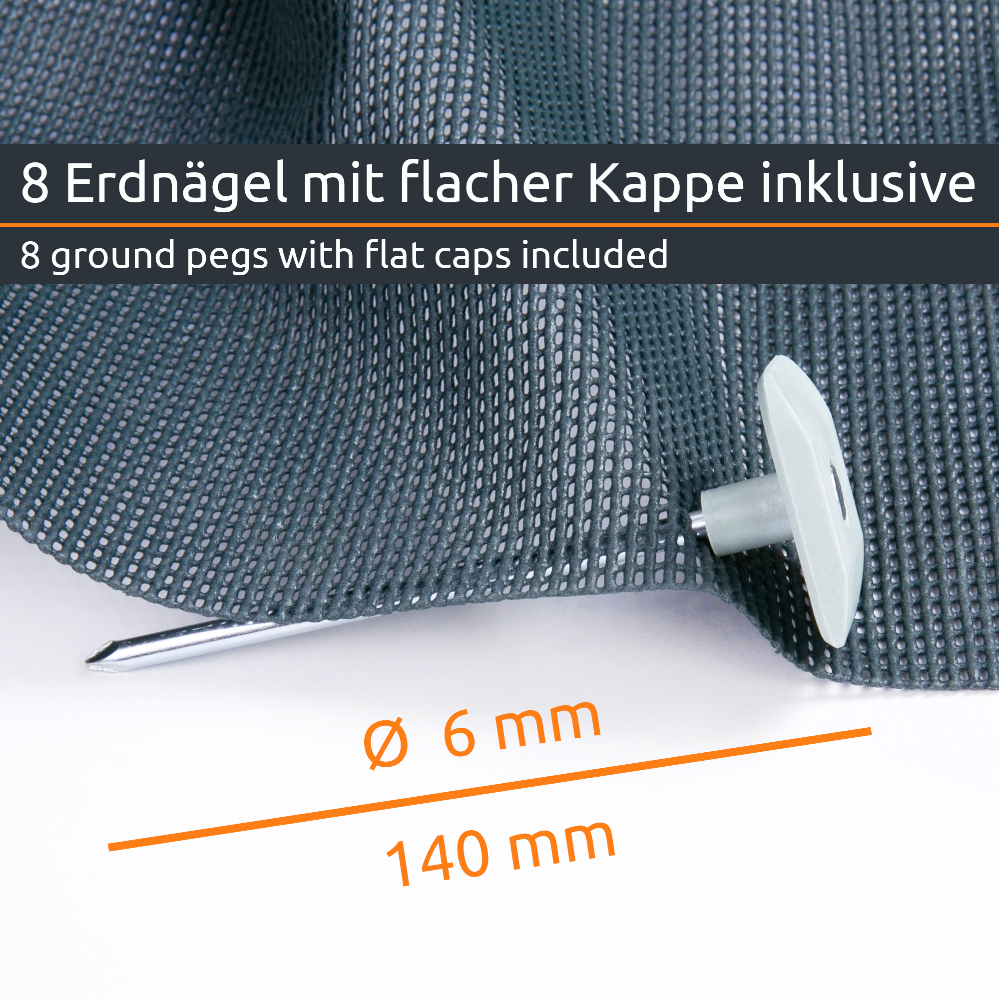 Outdoor Vorzeltteppich your GEAR 250 x 300 cm mit offenporigem, luftdurchlässigem Gewebe. Im Bild ein Erdnagel mit flacher Kappe, Maße 6 mm Durchmesser, 140 mm Länge, 8 Stück inklusive.