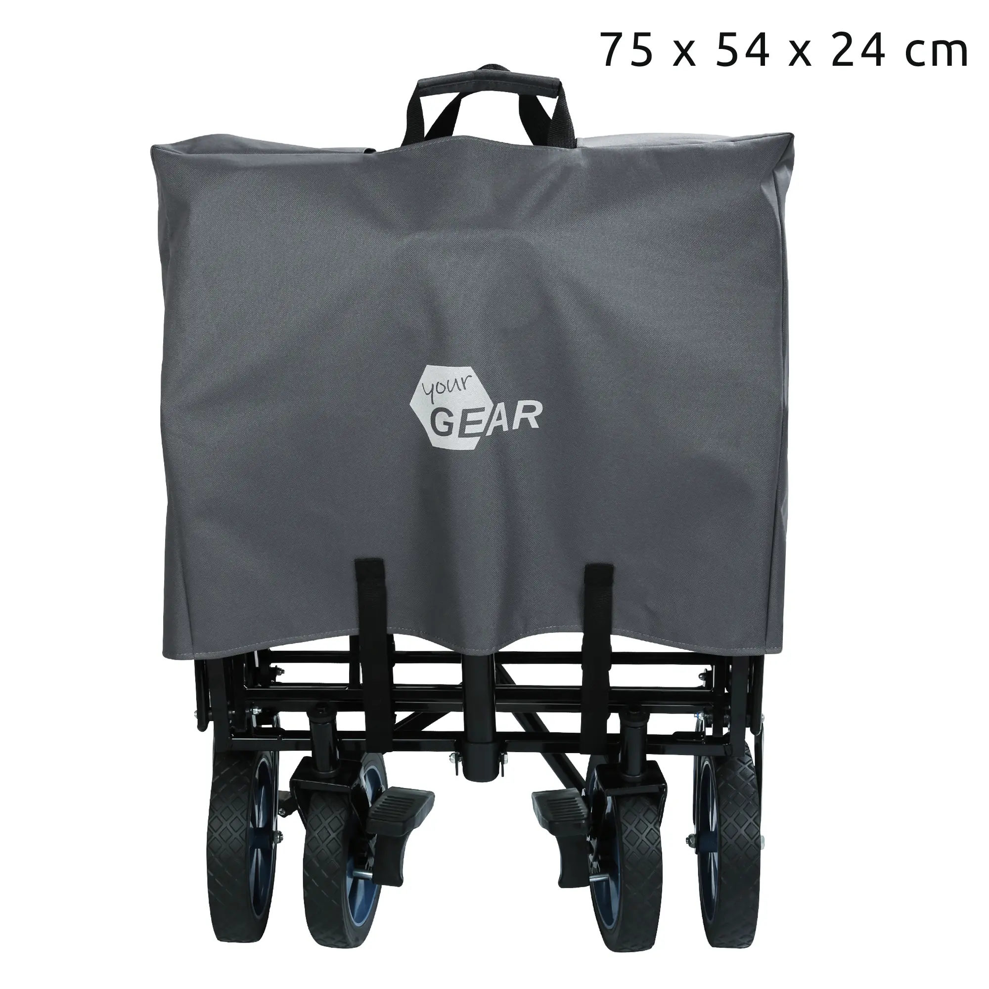 Carro plegable your GEAR Cirrus XL en gris, compacto, con funda protectora, ruedas de goma, frenos dobles y asas. Medidas plegado: 75 x 54 x 24 cm. Ideal para camping y actividades al aire libre.