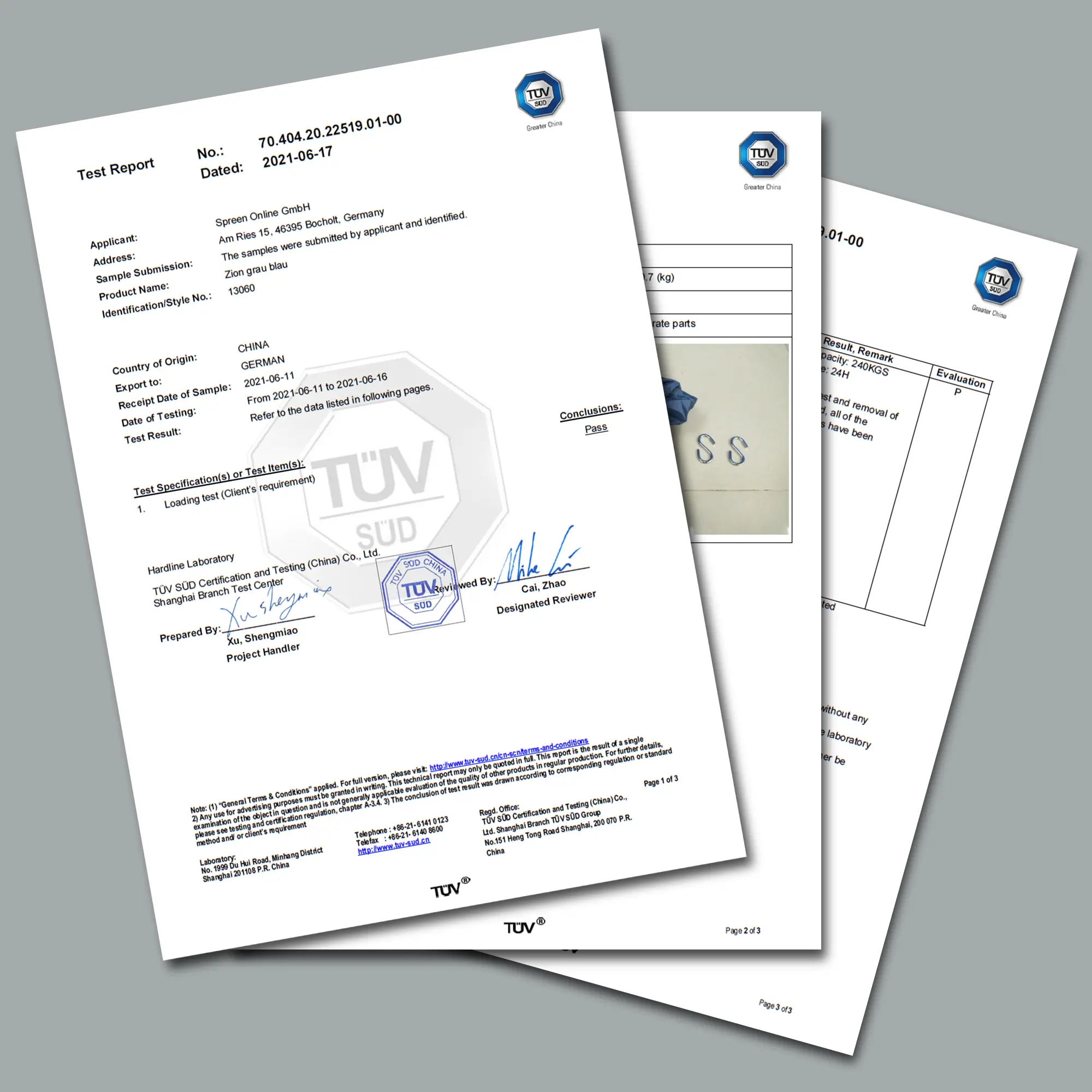Trois certificats TÜV pour la yourGEAR Zion hamac bleu/gris, attestant la charge maximale de 240 kg et la conformité du produit, visibles avec logos TÜV et détails de test sur fond gris.