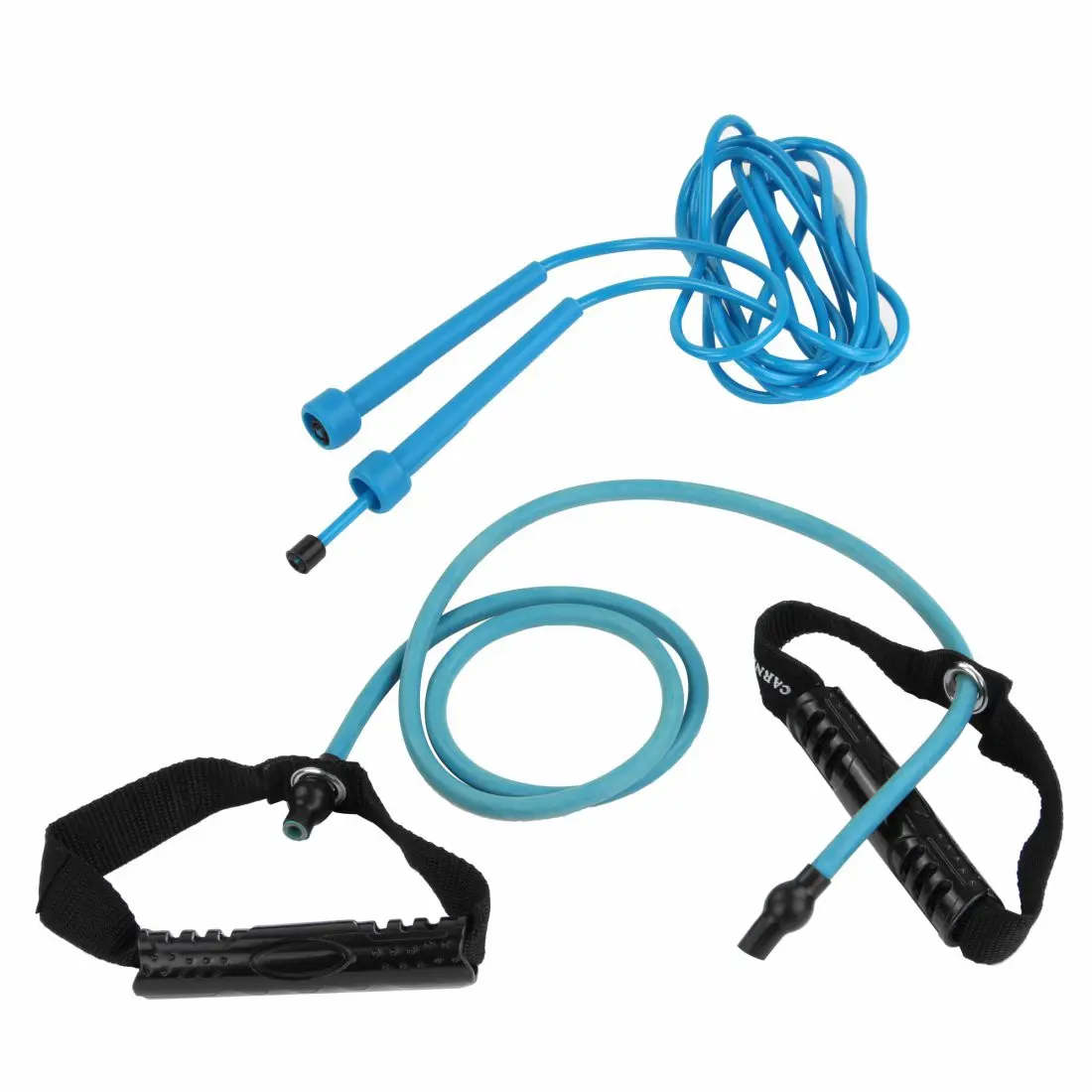 Set da viaggio Carnegie TravelGym: corda per saltare blu, expander con manici neri e cinturini regolabili, ideale per allenamento muscolare e fitness ovunque, compatto e leggero.