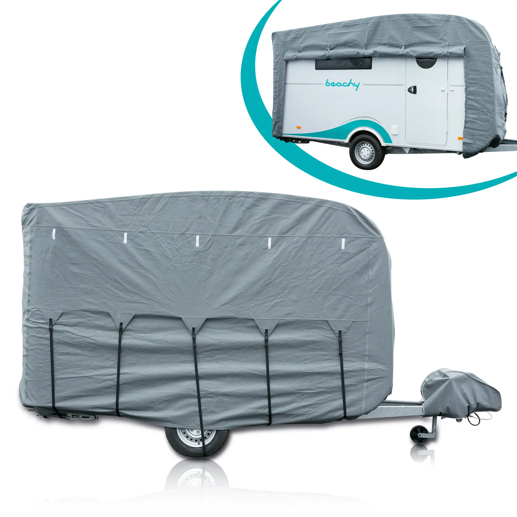 Copertura grigia your GEAR Naro M per caravan Hobby beachy 360, materiale a 4 strati, inclusa copertura per timone, chiusure rinforzate e design traspirante per protezione da intemperie.