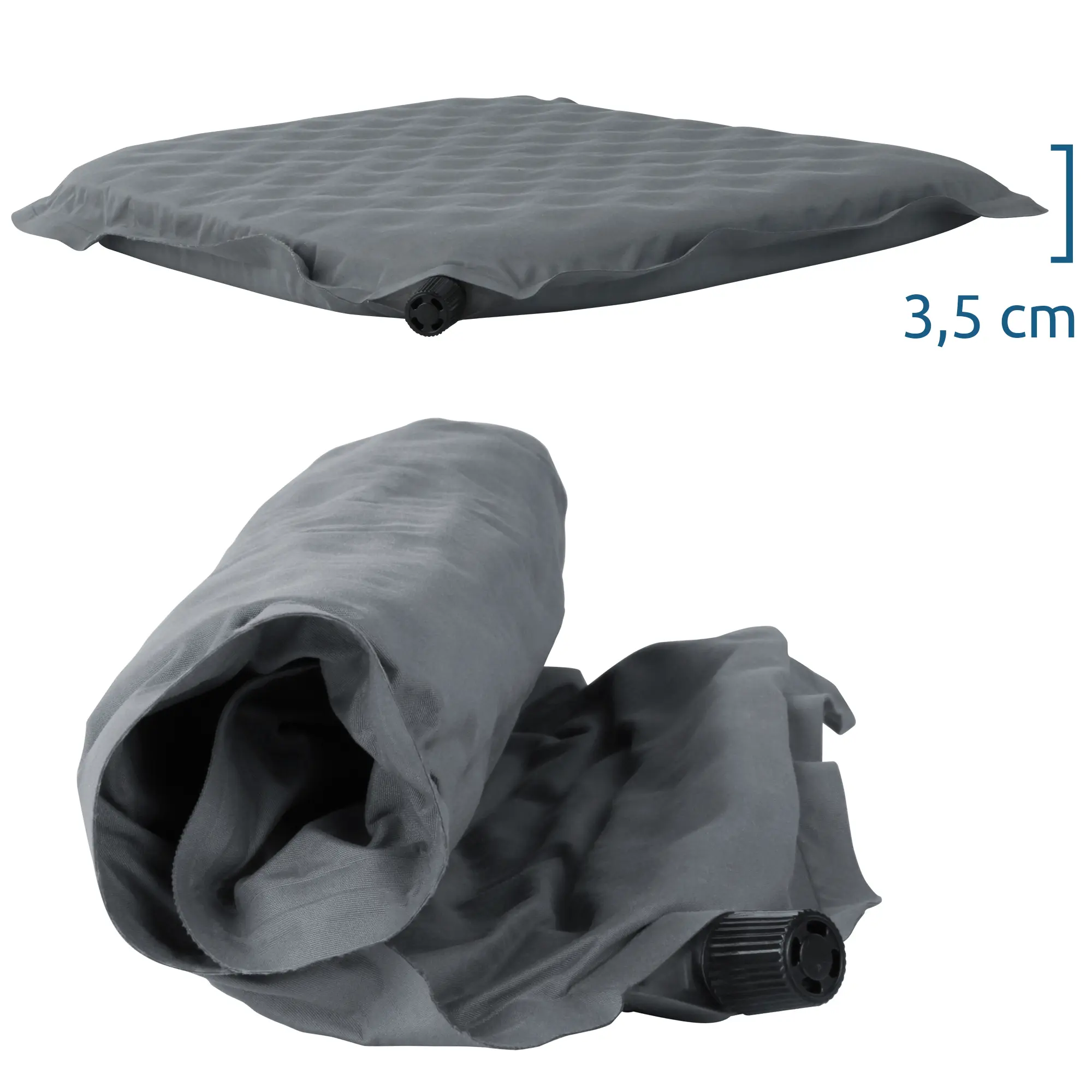 yourGEAR self-inflating seat cushion set, 2 pieces, grey, shown inflated at 3.5 cm thickness and rolled up for transport; features foam core and air valve, ideal for camping or travel, size 40x30x3.5 cm.