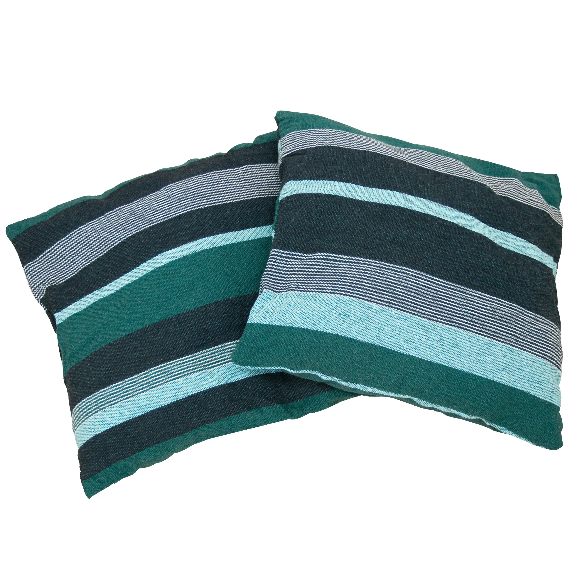 Dos cojines cuadrados del Hängesessel yourGEAR Lombok Smaragd, con diseño de rayas en tonos verdes y azules, ideales para mayor comodidad en silla colgante, capacidad de carga 240 kg.