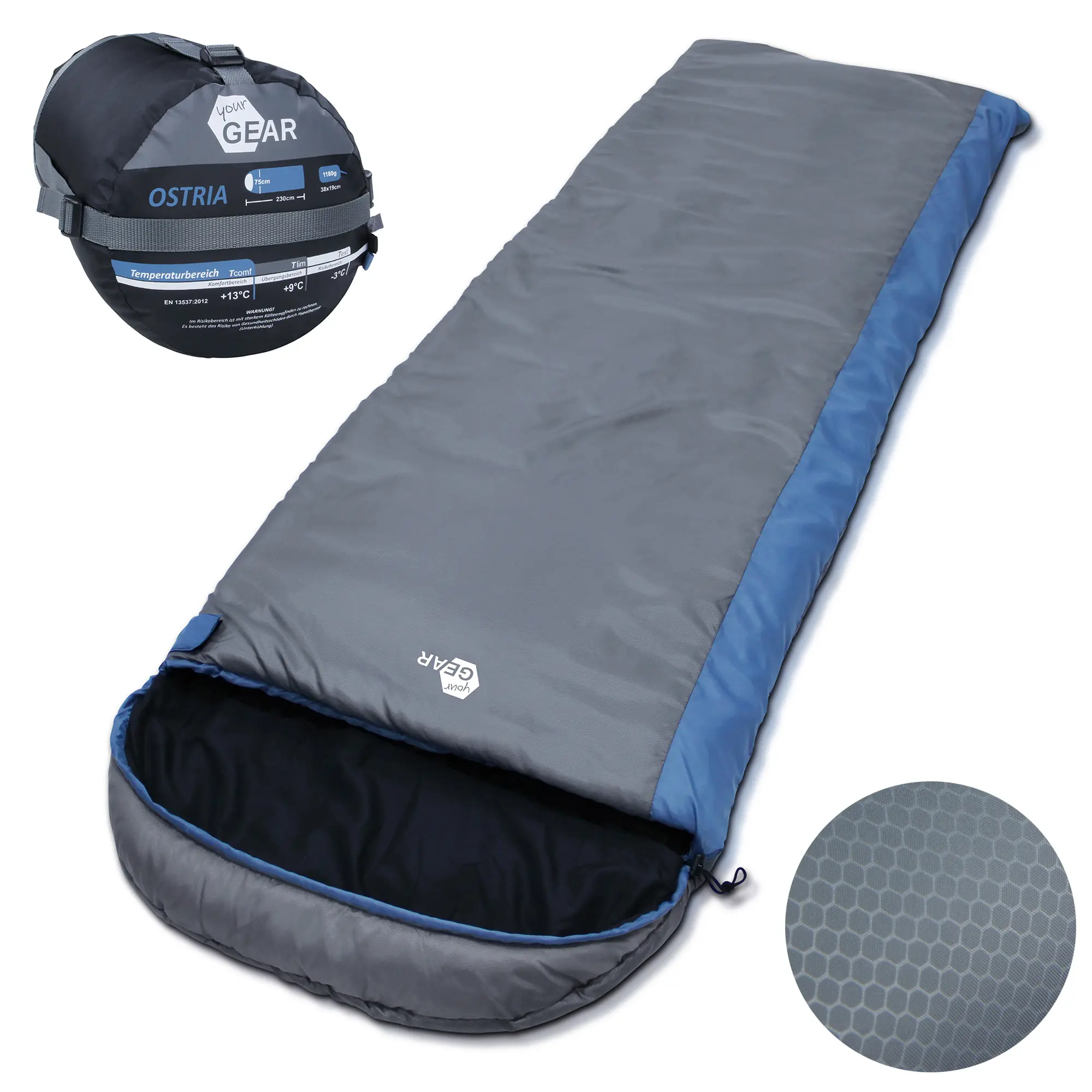 yourGEAR Ostria -3°C rectangular summer sleeping bag 230x75cm blue grey lightweight small pack size