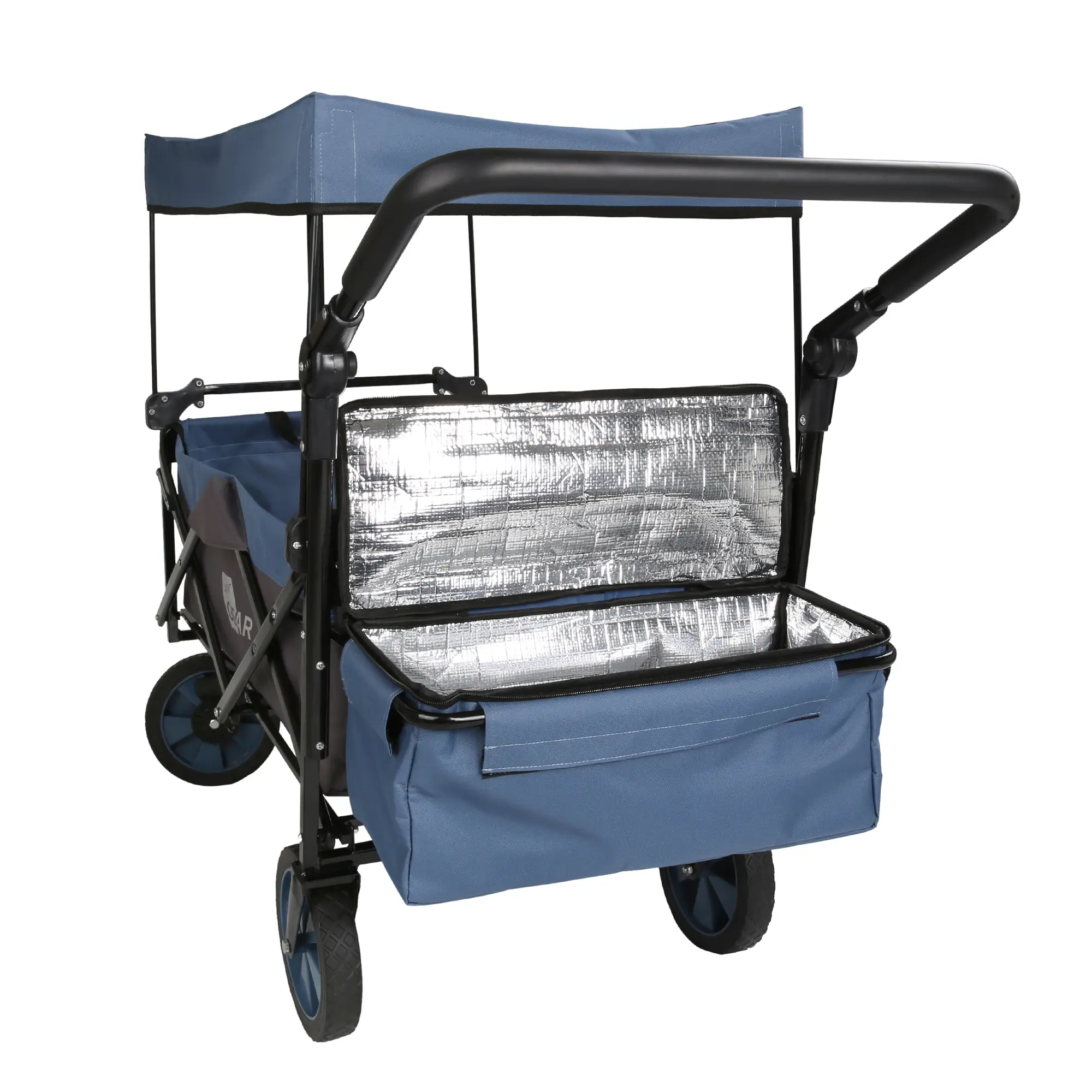 Carro plegable your GEAR Cirrus XL azul con techo, ruedas de goma, frenos, asa larga y bolsa nevera aislante en la parte trasera. Ideal para camping, jardín y actividades al aire libre. Capacidad máxima 80 kg.
