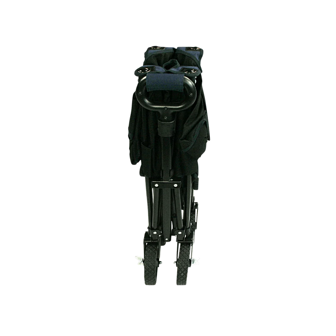 Carro plegable 10T Foldy Trolley XL para playa, color negro, visto desde el frente en posición cerrada, con estructura robusta, ruedas anchas y asa ergonómica, ideal para transporte fácil y compacto.