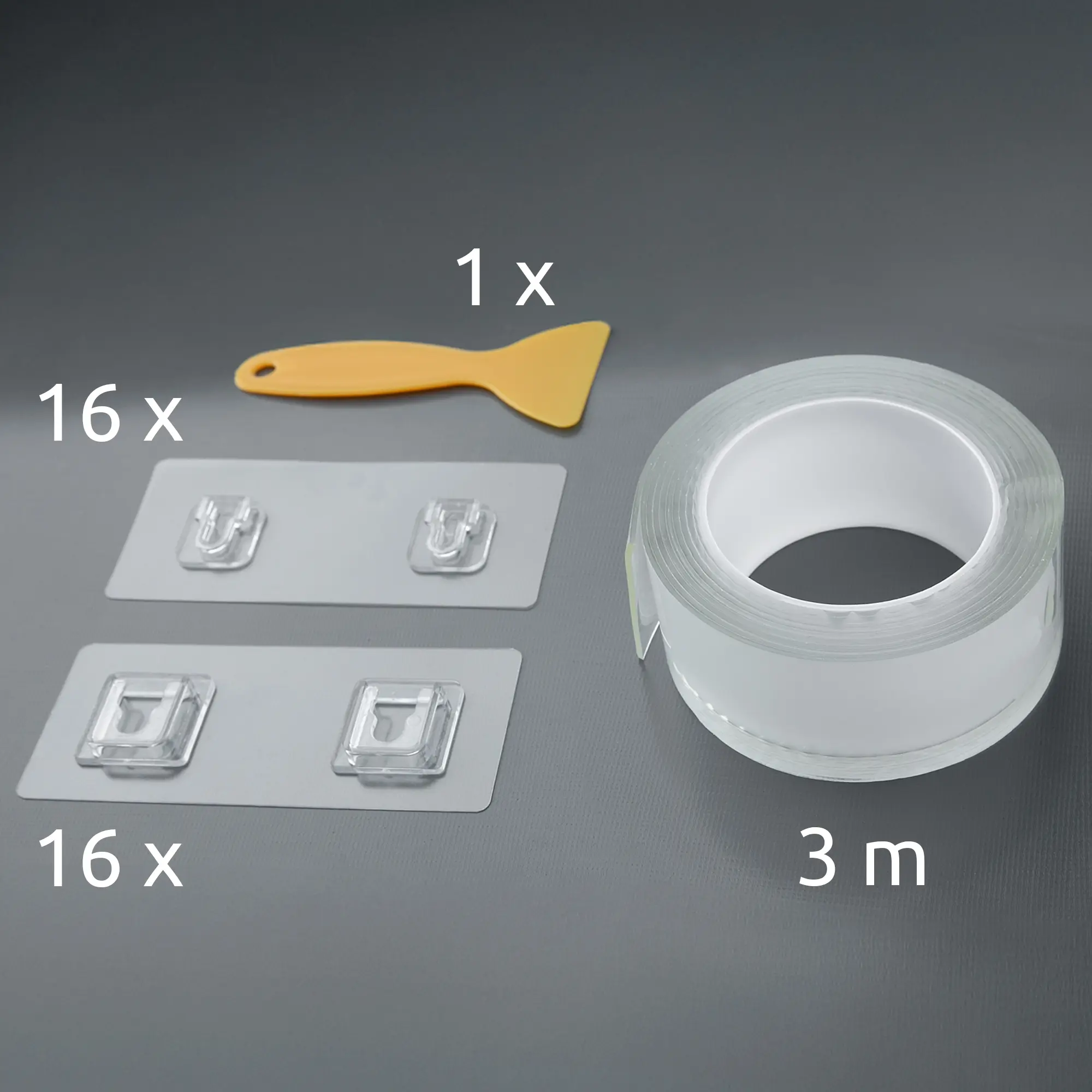 Rouleau de ruban adhésif transparent de 3 m, 32 crochets adhésifs transparents (16 ronds, 16 carrés) et une spatule jaune, kit de fixation pour organiser l’intérieur de camping-car ou van.