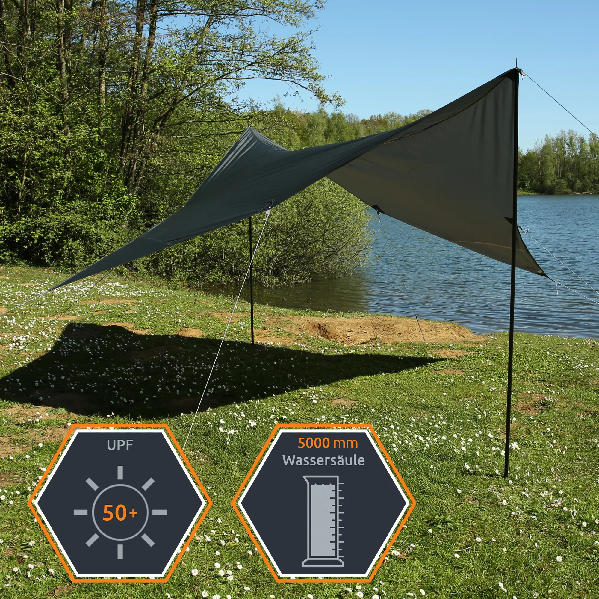 Grey 3x3 m your GEAR Atrani sunshade tarp set up by a lakeside on two black poles, guy ropes and stakes, waterproof fabric, UPF 50+ protection, angled square canopy in beige-grey.