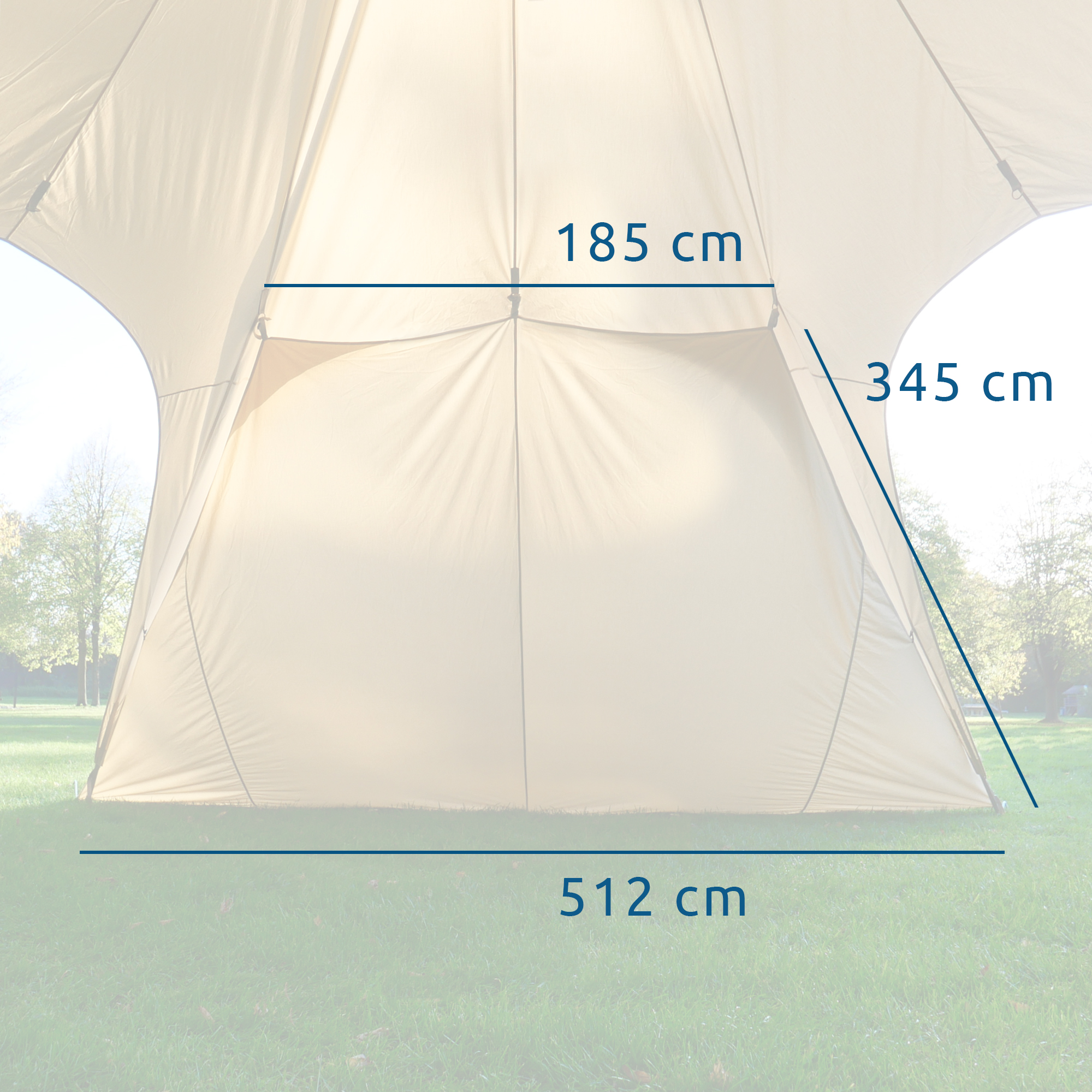 your GEAR Sonora Sidewall for Sonora 10 pavilion, beige, shown attached with clip connections; dimensions marked as 185 cm width, 345 cm height, 512 cm base length; weather protection cotton blend fabric.