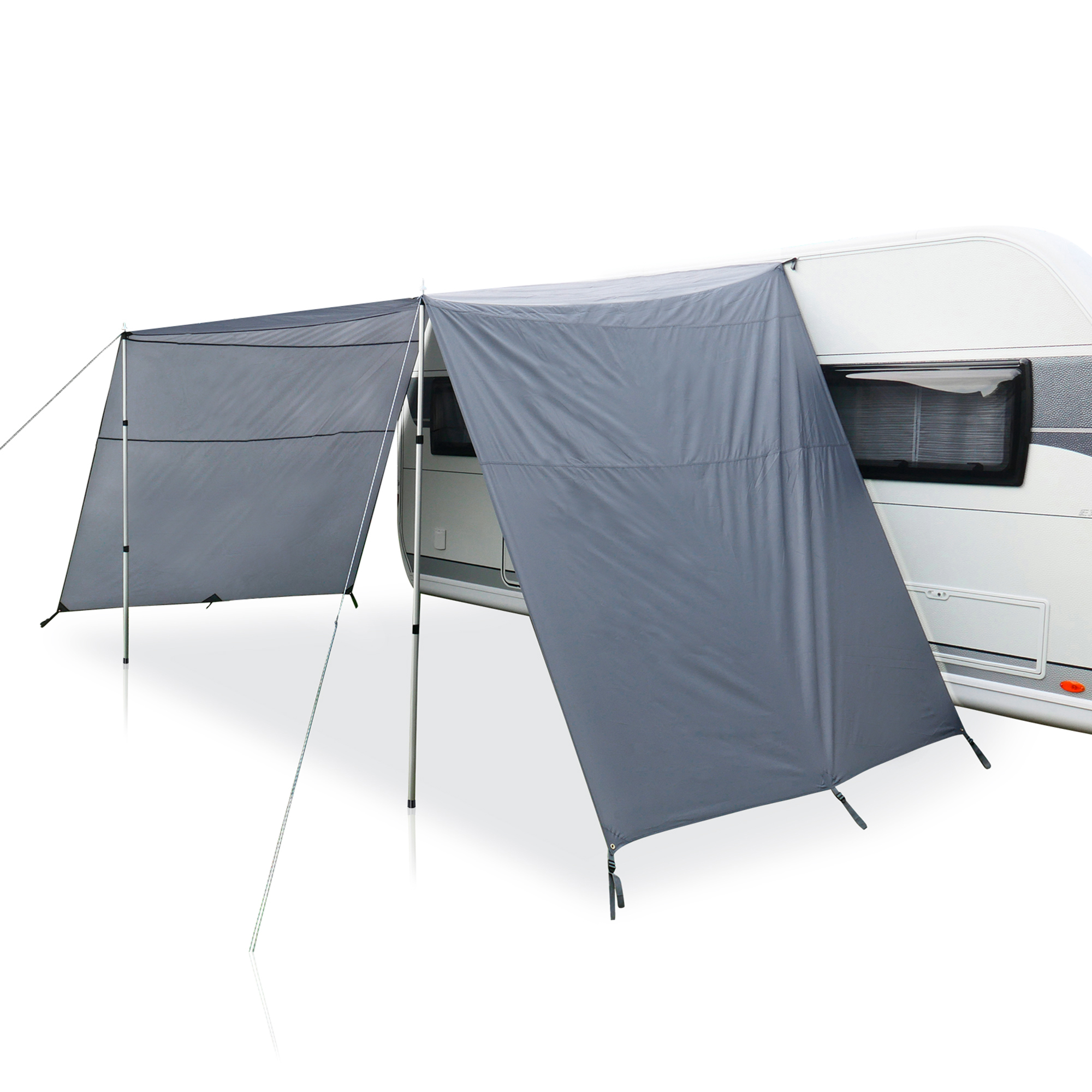 Toldo para caravana your GEAR Teramo 250x240 cm en gris, con paredes laterales y postes telescópicos de aluminio, montado en un remolque, ideal para protección solar y contra la lluvia.