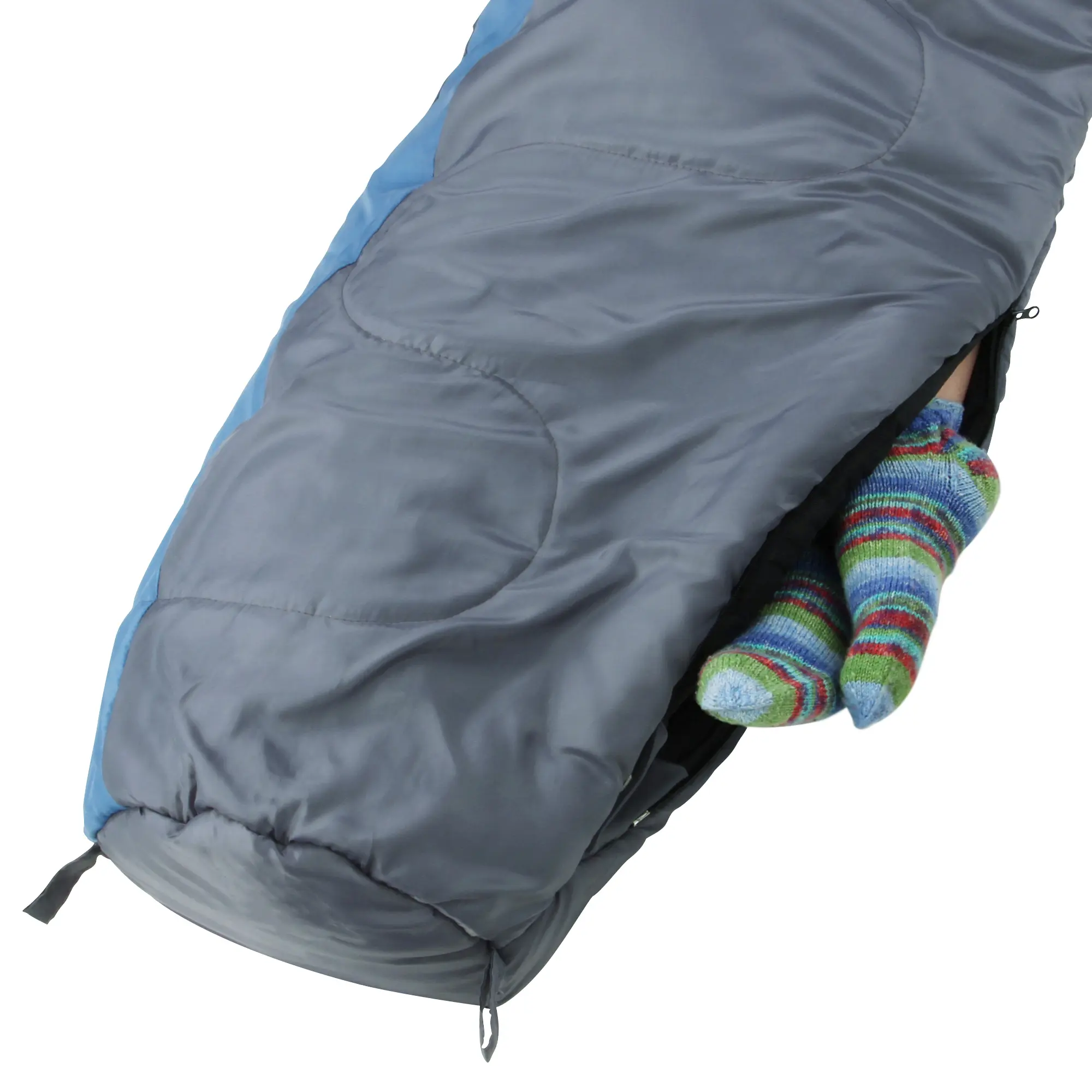 Sacco a pelo yourGEAR Sirocco blu e grigio, forma mummia, doppio strato isolante, dimensioni 230x80 cm, apertura laterale con piedi che sporgono, ideale per 3-4 stagioni e temperature fino a -18°C.