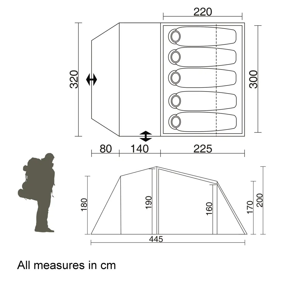 Skizze des 10T Mandiga Arona 5 Mann Tunnelzelts, Maße 445x320x200 cm, Schlafbereich für 5 Personen, Stehhöhe, Vorraum, Zeltgrößen-Beschriftung, Seiten- und Draufsicht, Vergleich mit Person.