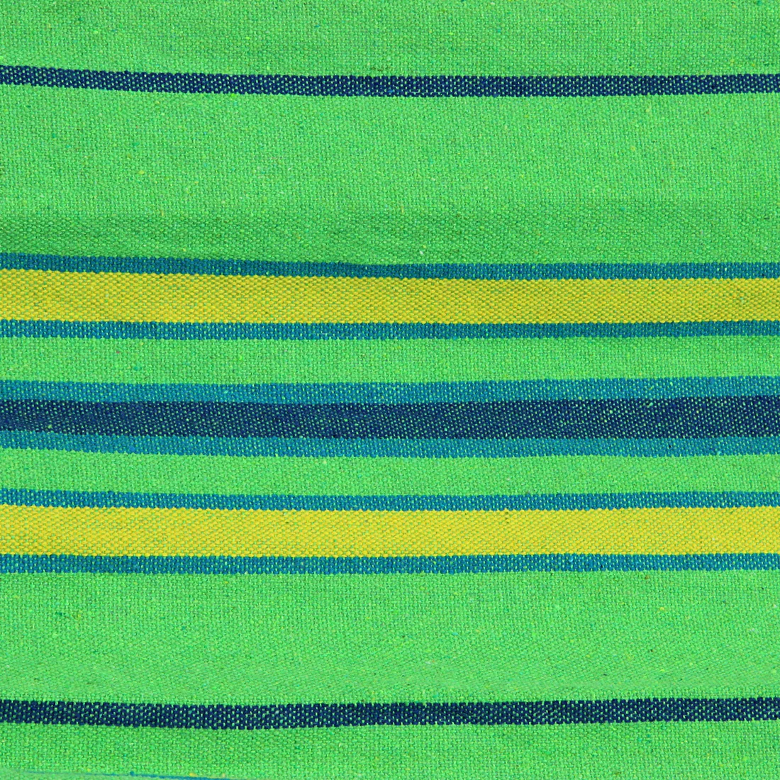 Tissu de la hamac 10T Devellin XL pour 1 personne, 100% coton, motif à rayures vertes, jaunes et bleues, texture robuste et couleurs vives, idéal pour jardin, terrasse ou camping.