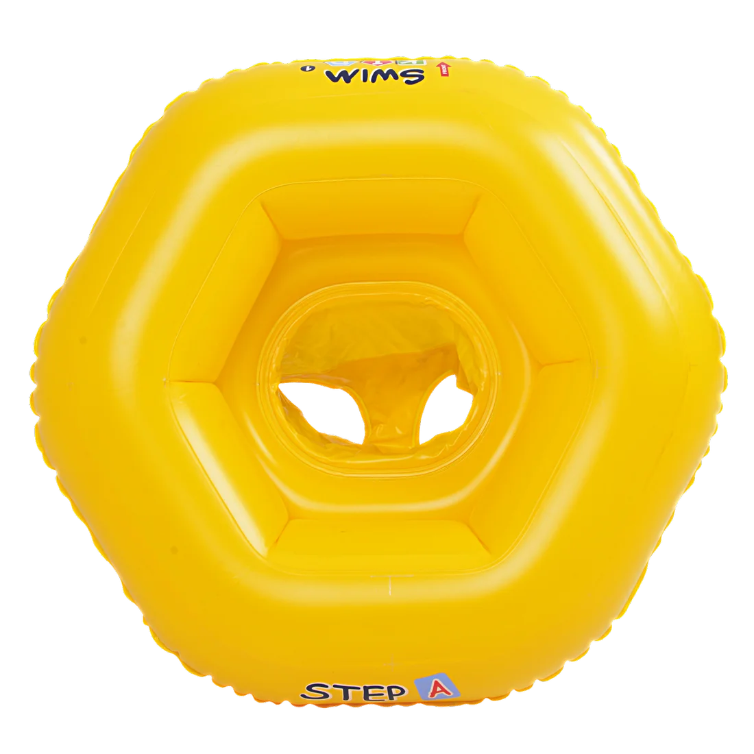 Yellow Jilong baby swim seat 67x63 cm with three air chambers, hexagonal shape, and diaper-style seat opening, suitable for babies up to 11 kg, conforms to EN13138 safety standard.