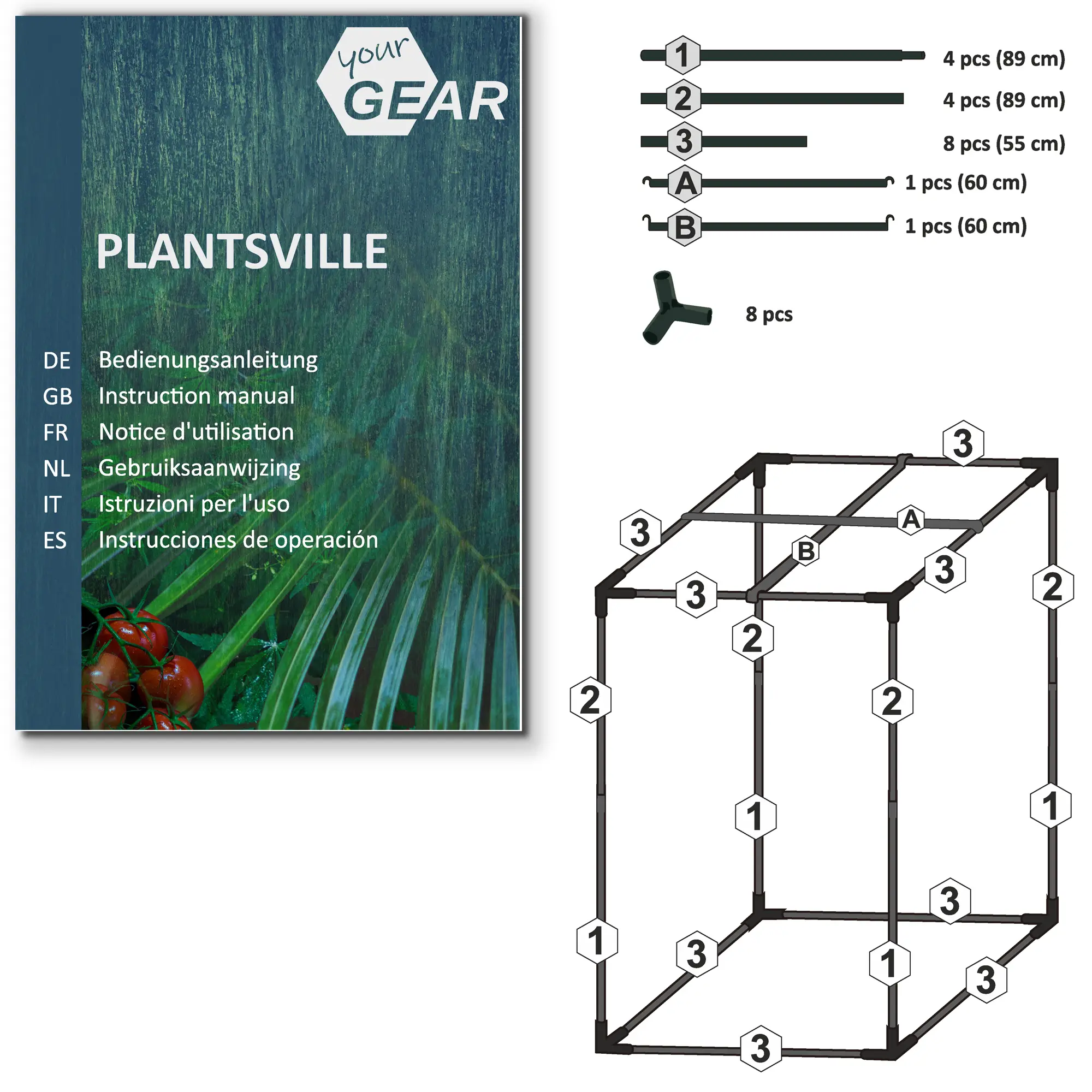 Assembly instructions for yourGEAR Grow Tent Plantsville 60x60x180 cm, showing labeled metal frame parts, connectors, and a multilingual manual cover with plant imagery. Ideal for indoor plant cultivation.