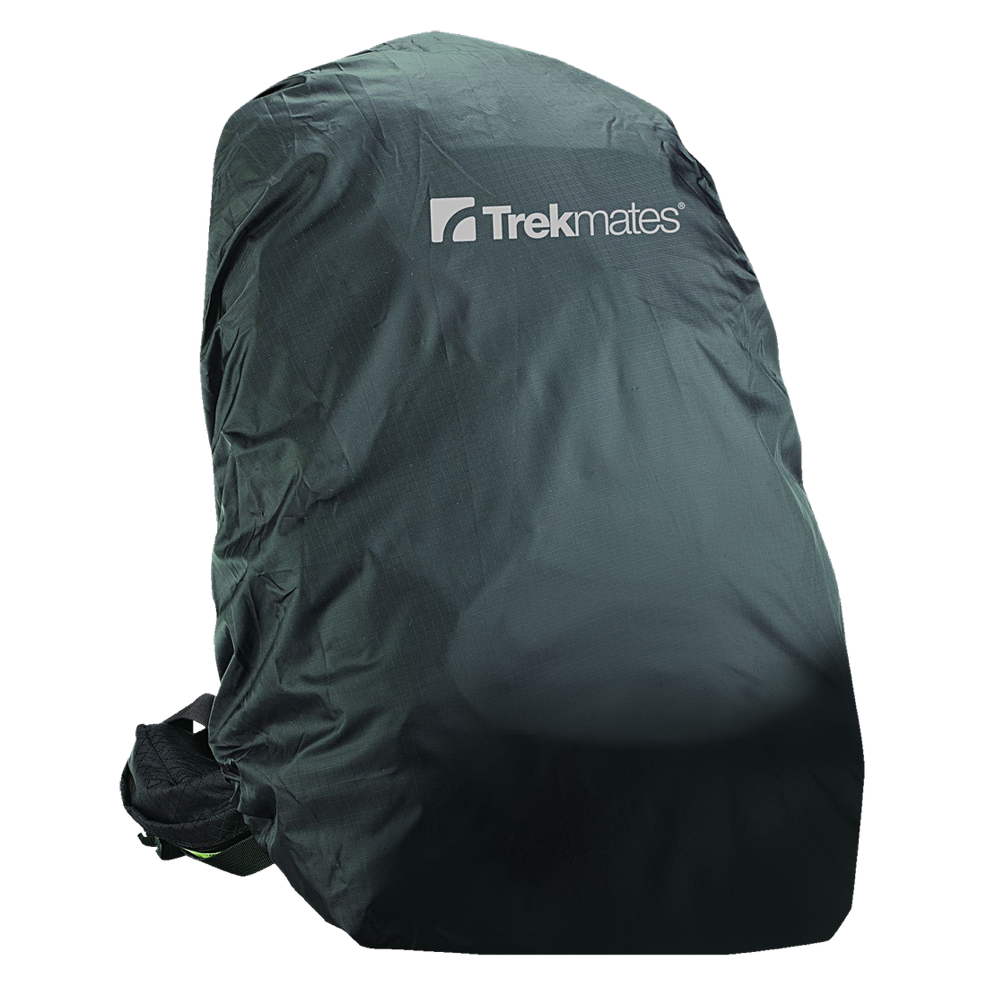 Black Trekmates Backpack Rain-Cover S, waterproof nylon rain cover for 35-45L backpacks, lightweight and compact with safety closure, shown fitted on a backpack with Trekmates logo visible.