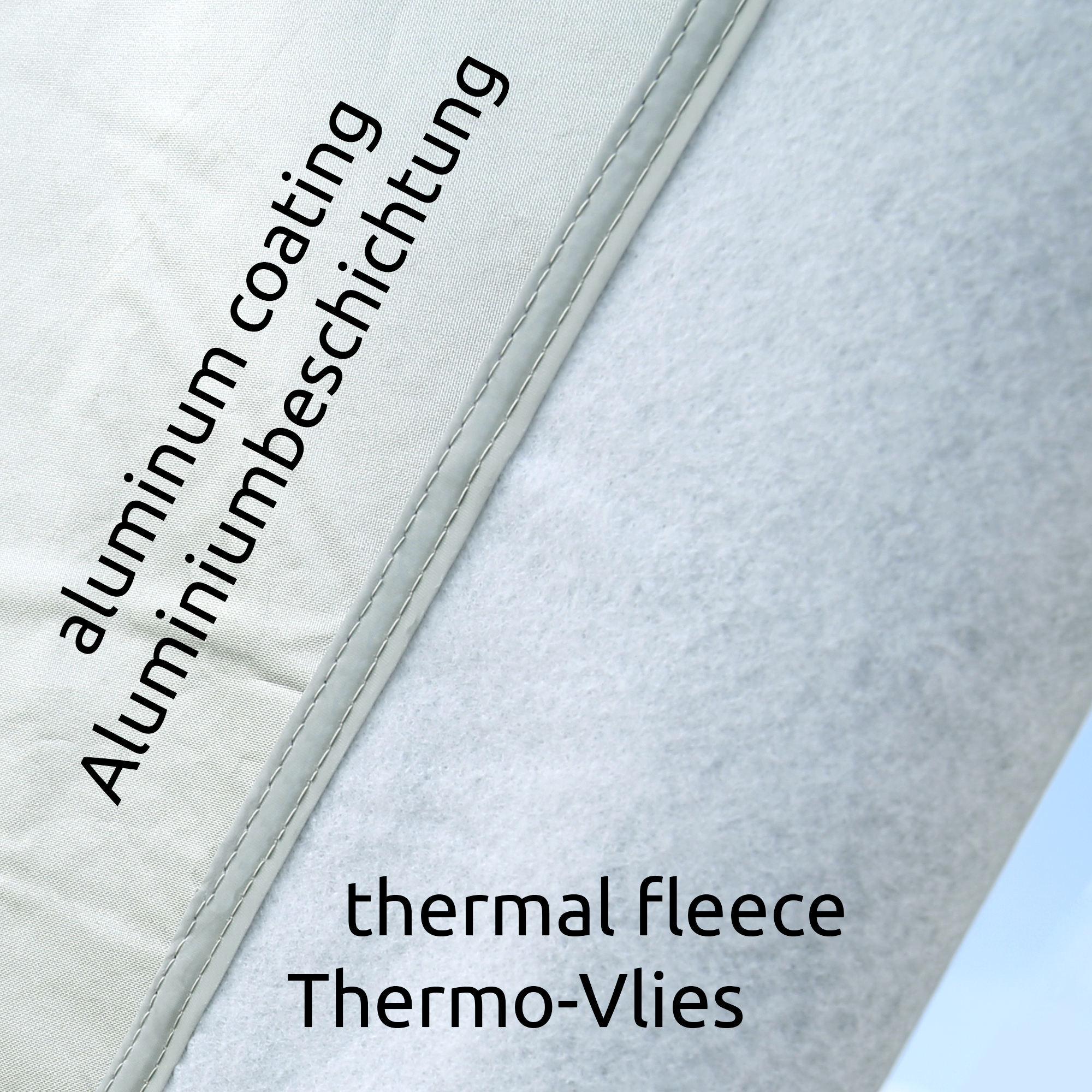 Detailaufnahme der your GEAR Sanremo Sonnenschutzmatte für VW T5/T6/T6.1 mit silberner Aluminium-Beschichtung und Thermo-Vlies, ideal als Sicht- und Hitzeschutz für Front- und Seitenscheiben.