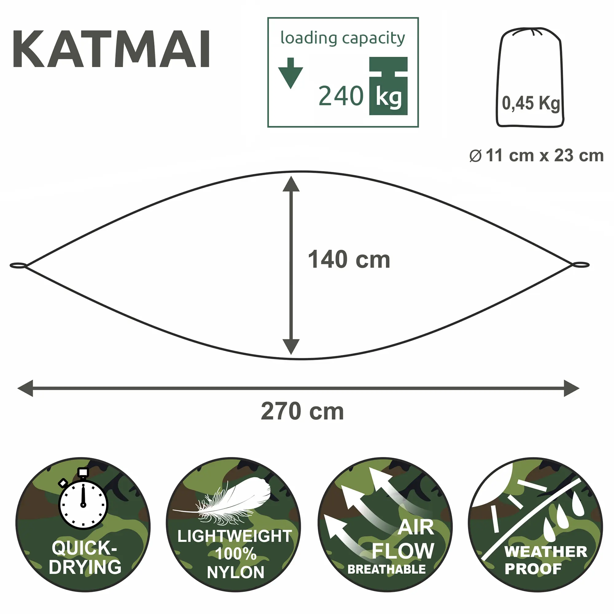 Hamac yourGEAR Katmai camouflage 270x140 cm en nylon ultra-léger, supporte 240 kg, séchage rapide, respirant, résistant aux intempéries, livré avec sac de transport compact 0,45 kg.