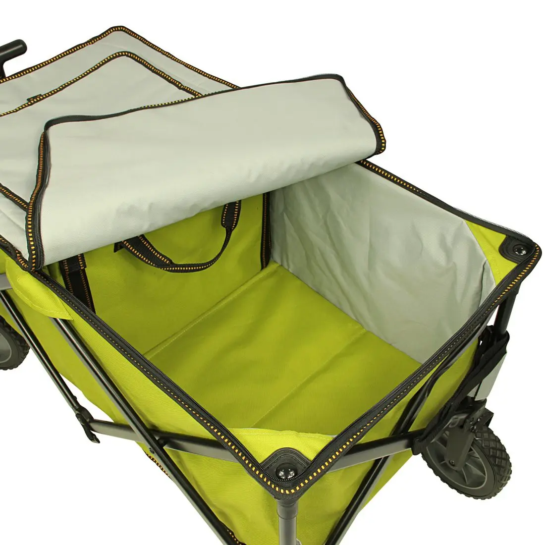 Carrello pieghevole 10T Cooler Trolley con vano termico integrato, rivestimento verde, struttura in metallo nero, ruote robuste e copertura apribile per picnic, spiaggia o campeggio.