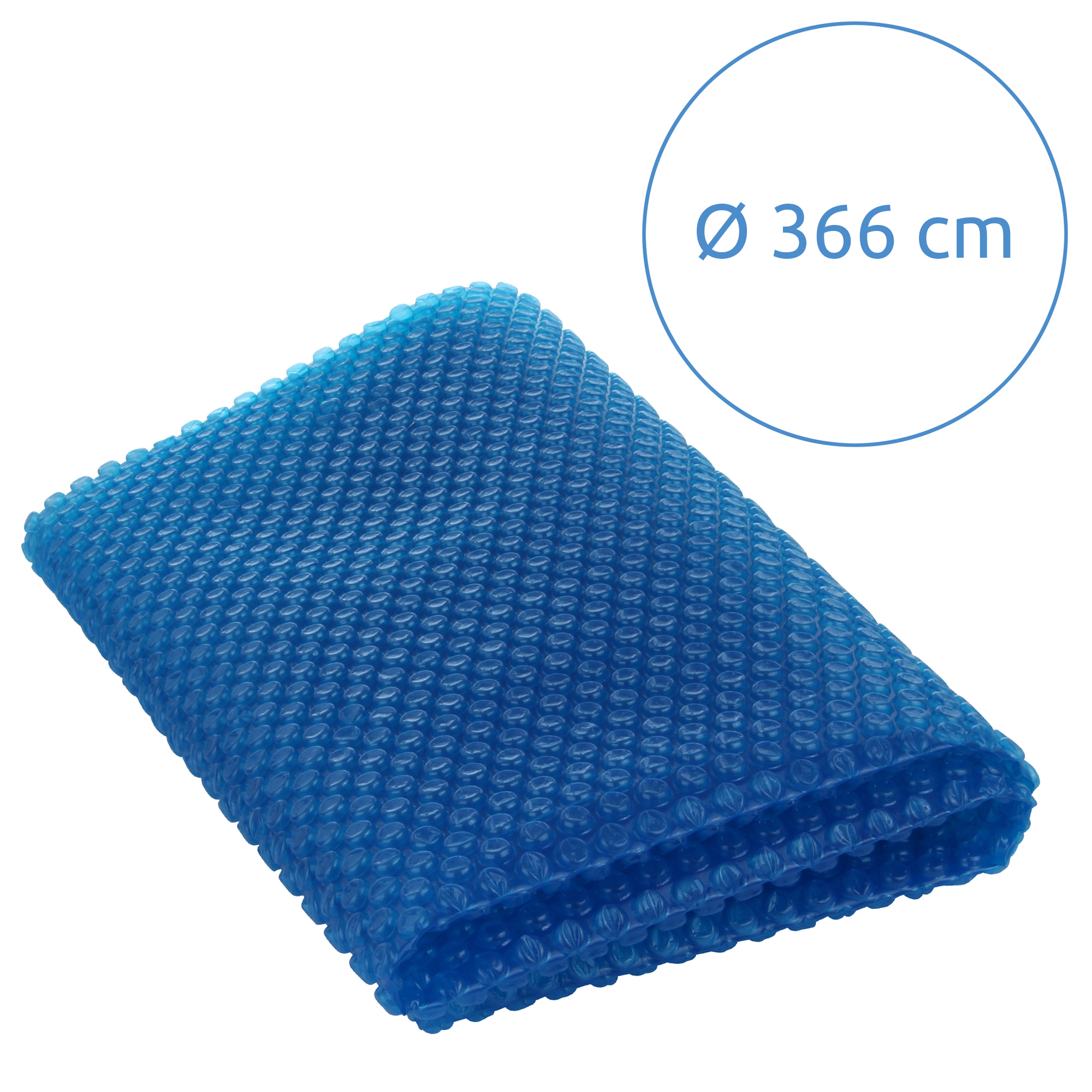 Solarplane yourGEAR SC-Ø-366, blaue runde Solarabdeckung aus 300 µm starker Noppenfolie für Pools, Durchmesser 366 cm, gefaltet dargestellt, zur Erwärmung und Abdeckung des Poolwassers durch Sonnenenergie.