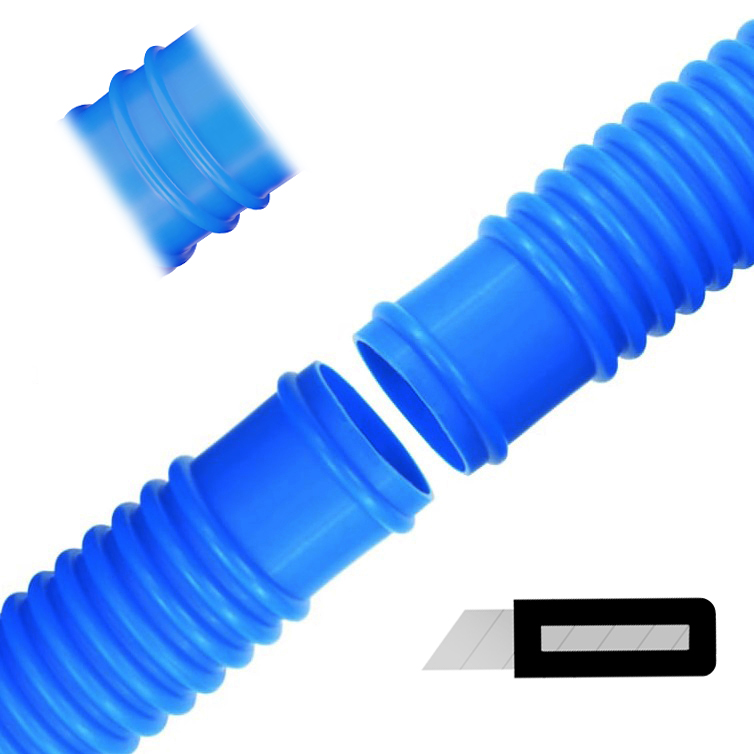 Tubo piscina yourGEAR PH blu, flessibile, Ø 32 mm, lunghezza 10 m, con doppia bocchetta ogni 100 cm per facilità di taglio e collegamento, ideale per pompe e accessori piscina.