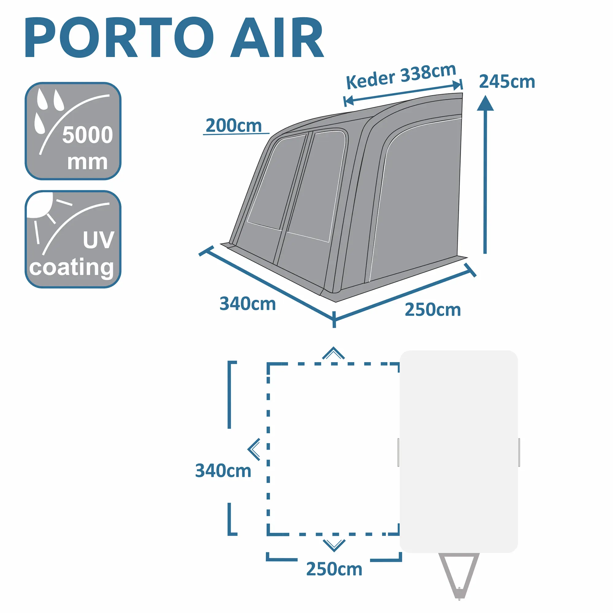 Avance de tienda inflable your GEAR Porto 340 Air para caravana, 340x250x245 cm, impermeable 5000 mm, protección UV, fácil montaje, color gris, ideal como toldo y protección contra el clima.