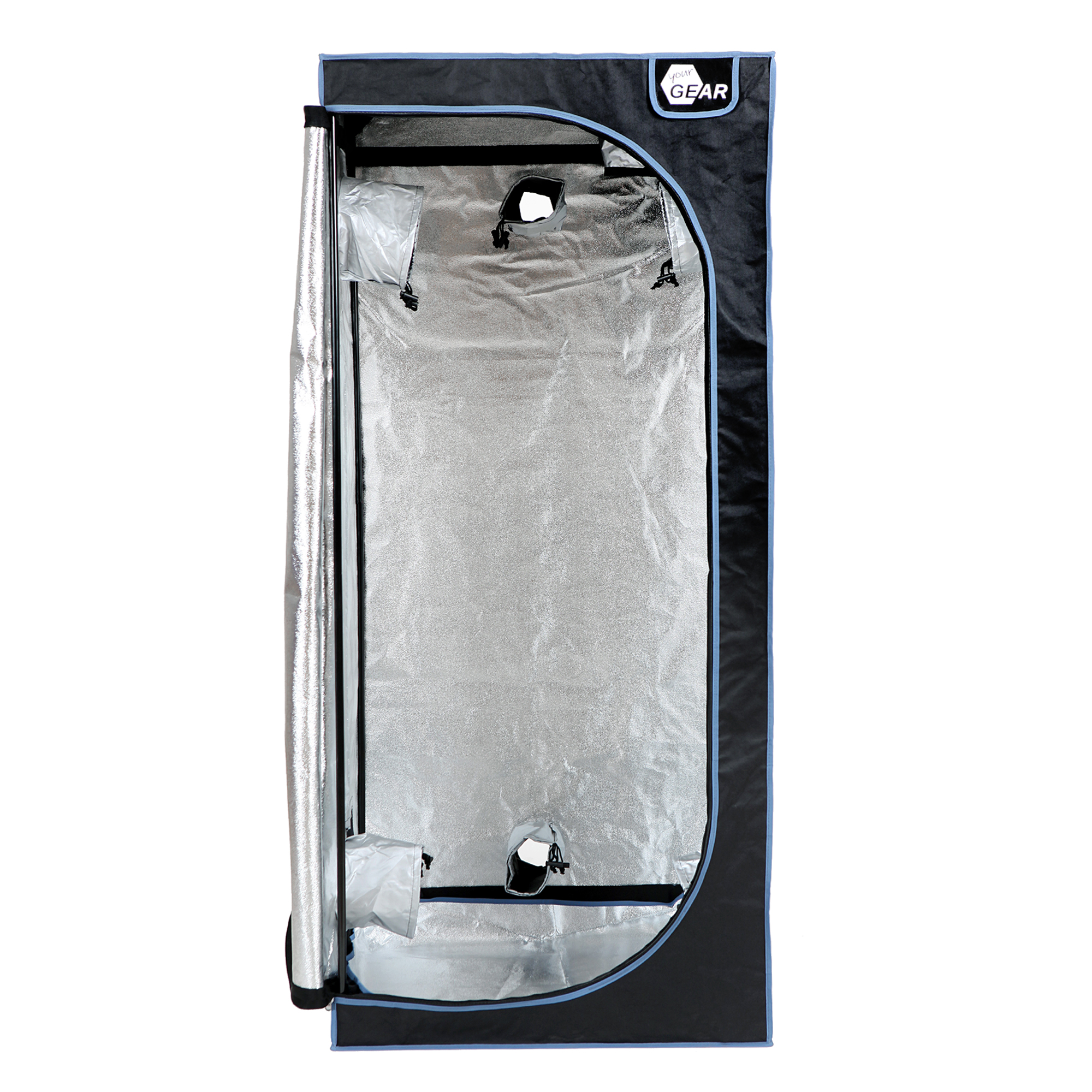 Tienda de cultivo yourGEAR Plantsville 80x80x180 cm, estructura negra con interior reflectante plateado, puerta frontal abierta, entradas de aire visibles y logo en la parte superior, ideal para cultivo interior.