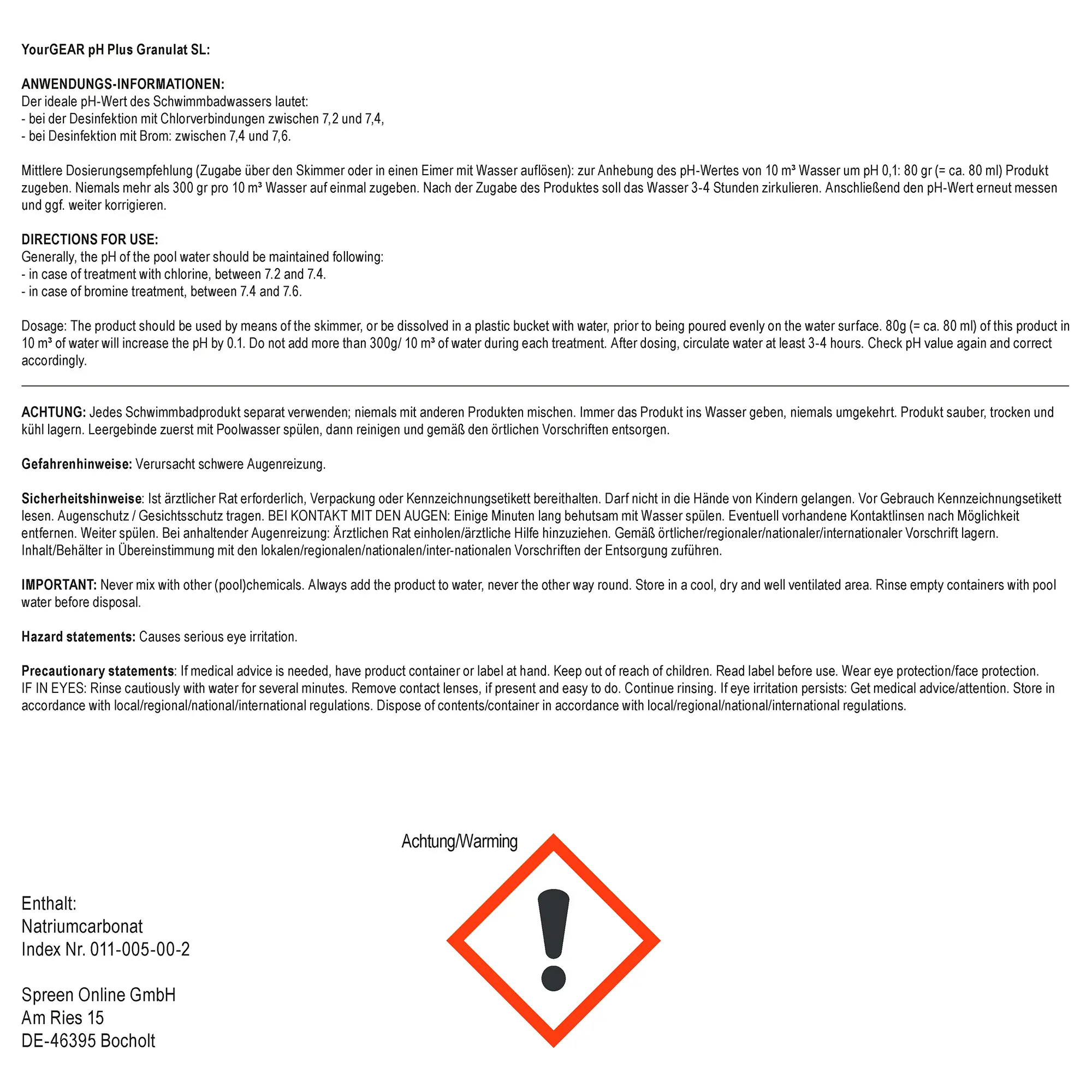 Envase de 5 kg de yourGEAR pH Plus Granulat SL, granulado alcalino para subir el pH del agua de piscinas, con instrucciones de uso en varios idiomas y advertencia de peligro químico en la etiqueta.