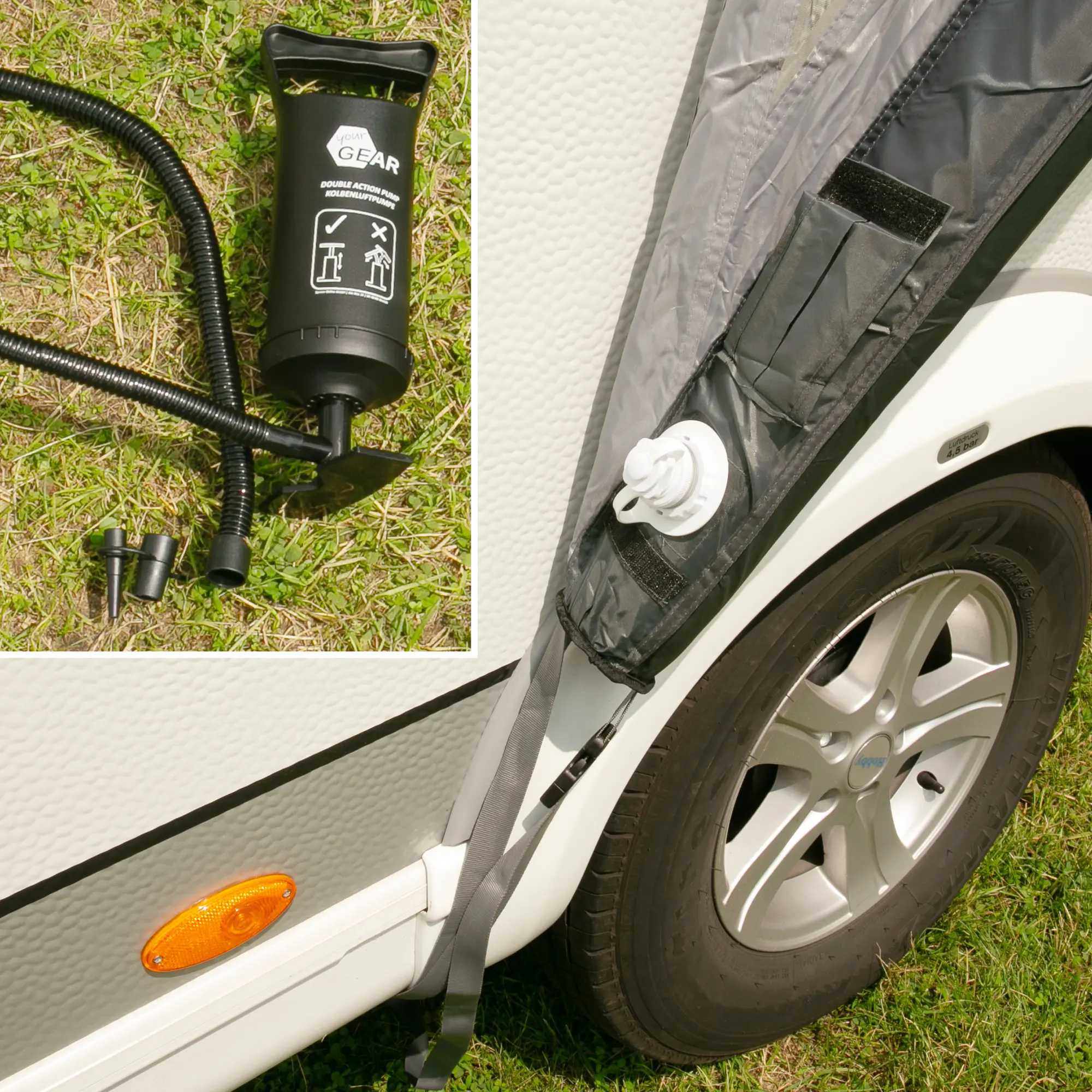 Aufblasbares your GEAR Tarent 180 Air Vordach am Wohnwagen montiert, mit Detailansicht der Handpumpe zum schnellen Aufbau, Schutzdach in Grau, Befestigung am Radkasten sichtbar.