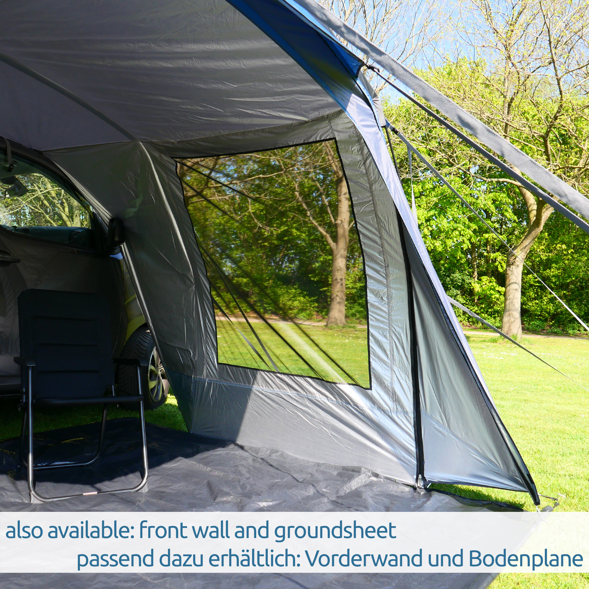 Lightweight your GEAR Panarea 320 bus awning attached to a camper van, spacious interior, large window, UV 50+ protection, waterproof material, suitable for vehicles 180–210 cm high, with optional front wall and groundsheet.