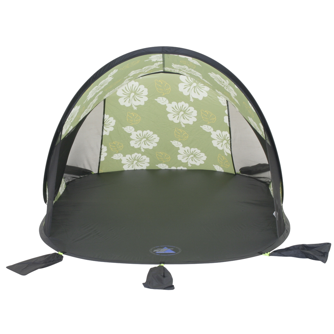 Grüne 10T Pop Up Strandmuschel mit weißem Blumenmuster, UV 50+ Sonnenschutz, großem Boden, integrierten Sandtaschen und offenem Eingang, geeignet für zwei Personen als Wind- und Sonnenschutz am Strand.