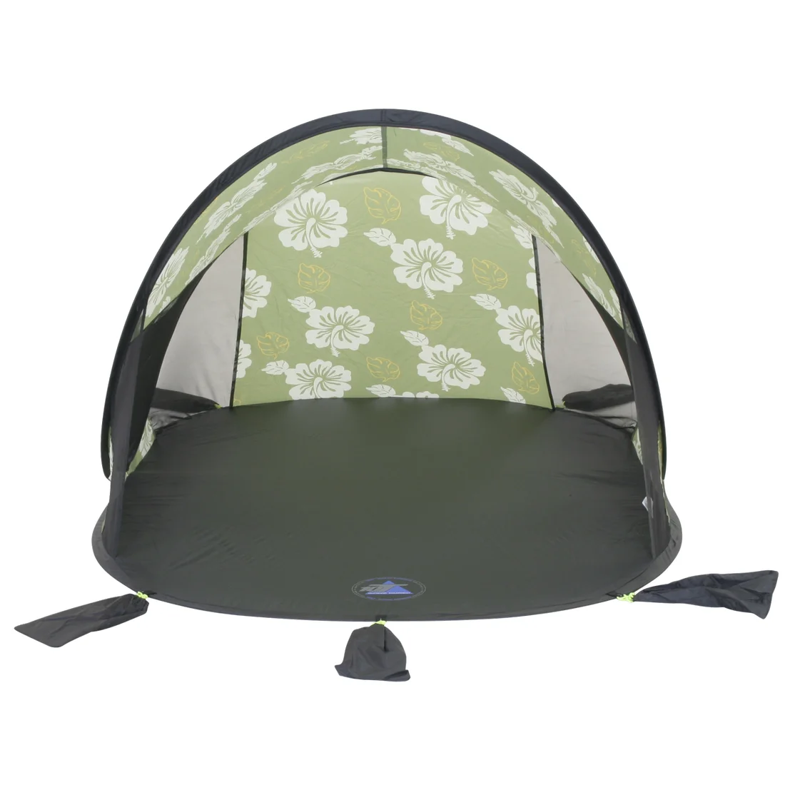 Grüne 10T Pop Up Strandmuschel mit weißem Blumenmuster, UV 50+ Sonnenschutz, großem Boden, integrierten Sandtaschen und offenem Eingang, geeignet für zwei Personen als Wind- und Sonnenschutz am Strand.