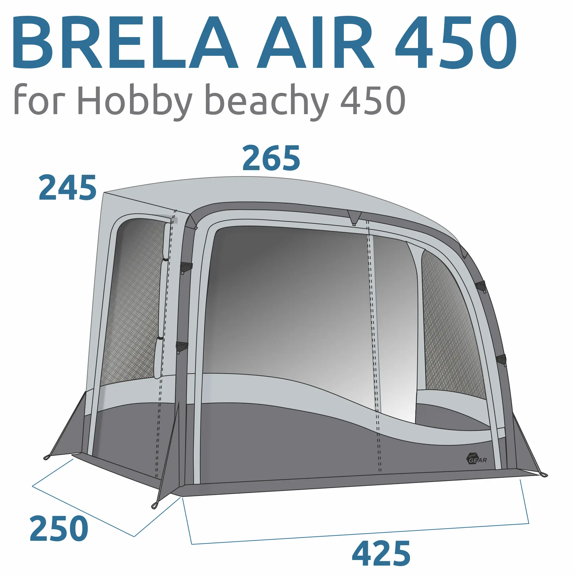 Schéma d’une tente gonflable Brela Air 450 pour Hobby beachy 450 avec dimensions indiquées : 245 cm hauteur, 265 cm largeur toit, 250 cm profondeur, 425 cm largeur façade.
