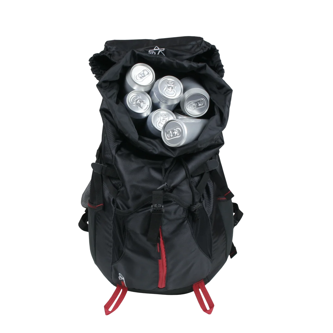 10T Towa 30L hiking backpack in black with red accents, open to show multiple beverage cans inside. Features durable material, roomy main compartment, and outdoor-ready design.
