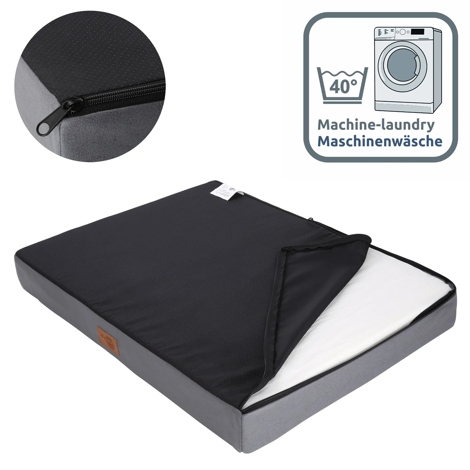 Orthopädisches Hundebett your GEAR Biella 100x70x10 cm, rechteckig, grauer Bezug mit Reißverschluss, abnehm- und maschinenwaschbar bei 40 Grad, OEKO-TEX zertifiziert, rutschfeste Unterseite.