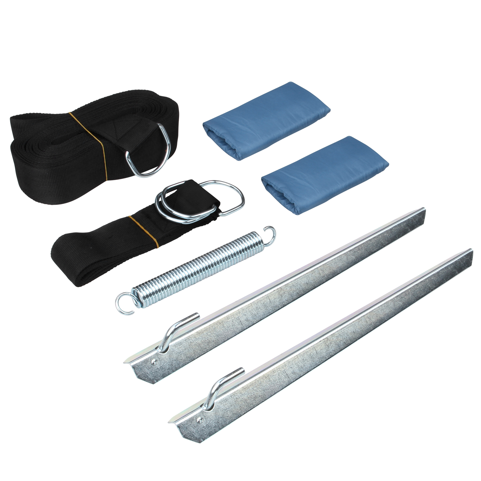 yourGEAR Storm Kit 13 m Caravan Sturmband-Set mit zwei langen Metallheringen, schwarzem Gurt, Spannfeder und zwei blauen Polstern, ideal zur Sturmsicherung von Vorzelt oder Sonnendach beim Camping.