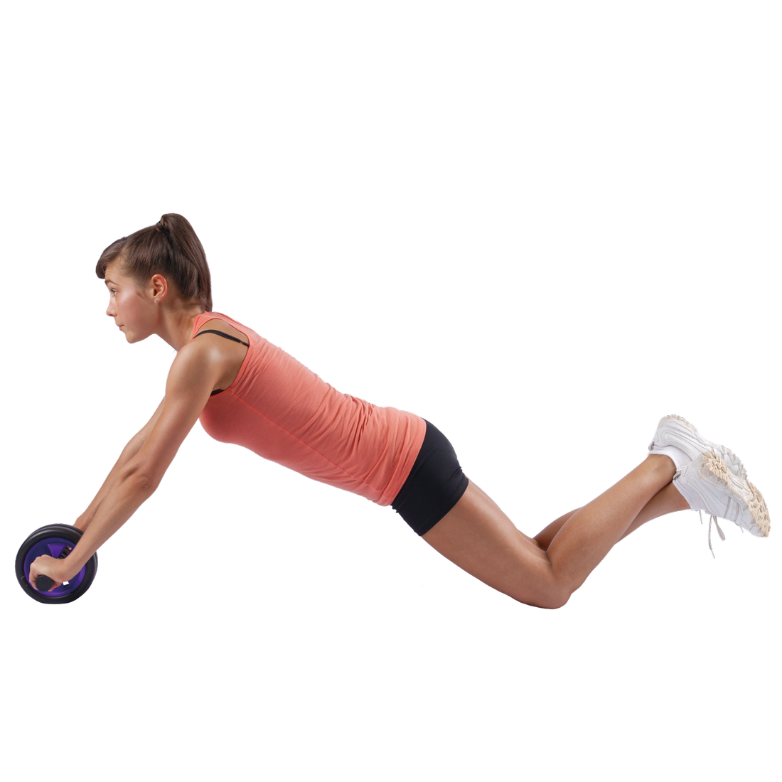 Donna esegue un esercizio con Spirit Carnegie Ab Toner Roller, doppia ruota nera con dettagli viola, inginocchiata su pavimento, ideale per allenamento addominali e muscoli della schiena a casa o in palestra.